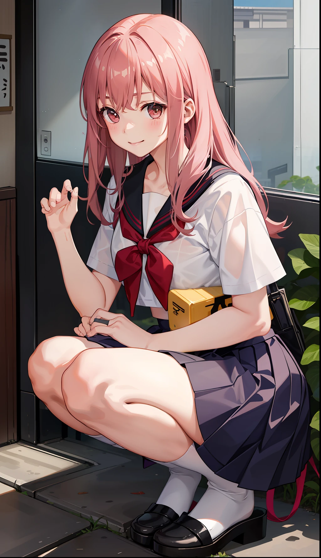1girl in、A smile、The shirt、skirt by the、（small tits）Chilarism、Japan High School Student Uniform、serafuku、summer clothing、Squall Drenched Uniform、（Sheer Bra）、Upper body portrait、light cream hair、Squatting panchira、