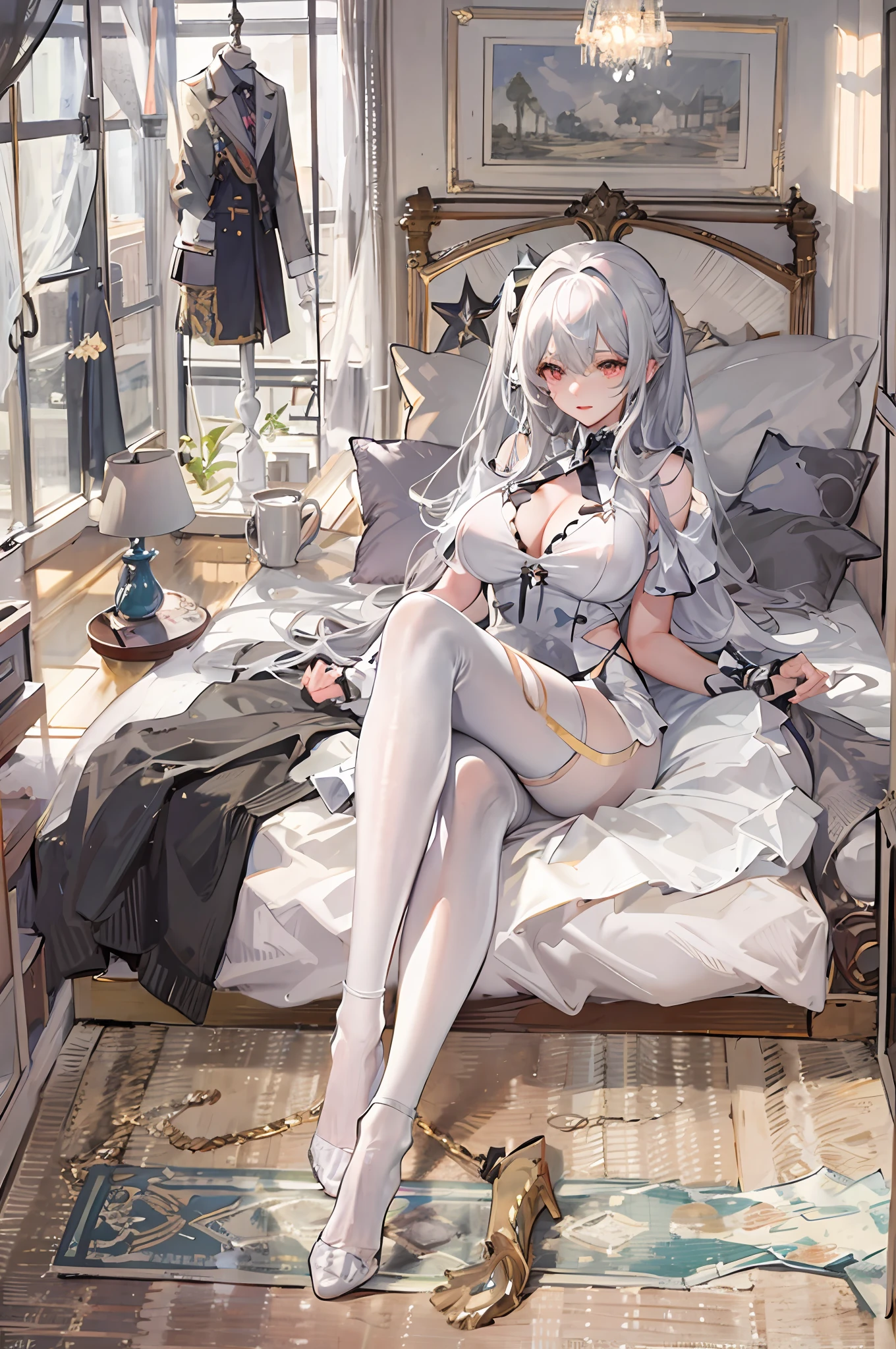 (((1个Giant Breast Girl)),Ray traching,(dim murky lights),[detailedbackground(Bedrooms)),boobgasm,nedium breasts,((Silvery hair)),((Silvery hair)),(((((Fluffy silver hair,plump and slender girl))Wears a high ponytail)))((long leges))Avoid golden eyes in the ominous bedroom((((Girl wears white shirt,Black wrinkled skirt,Wear yours with black sheer pantyhose),It shows a delicate and slender figure and beautiful curves,Correct limbs,sit on a bed,Put your hands behind your head,Put both hands behind your head