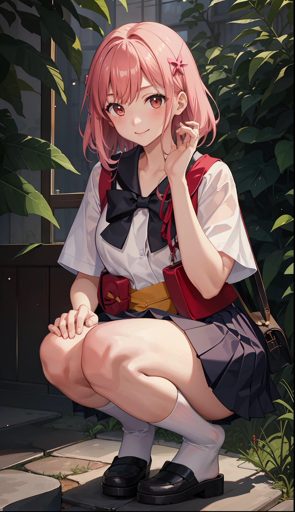 1girl in、A smile、The shirt、skirt by the、（small tits）Chilarism、Japan High School Student Uniform、serafuku、summer clothing、Squall Drenched Uniform、（Sheer Bra）、Upper body portrait、light cream hair、Squatting panchira、