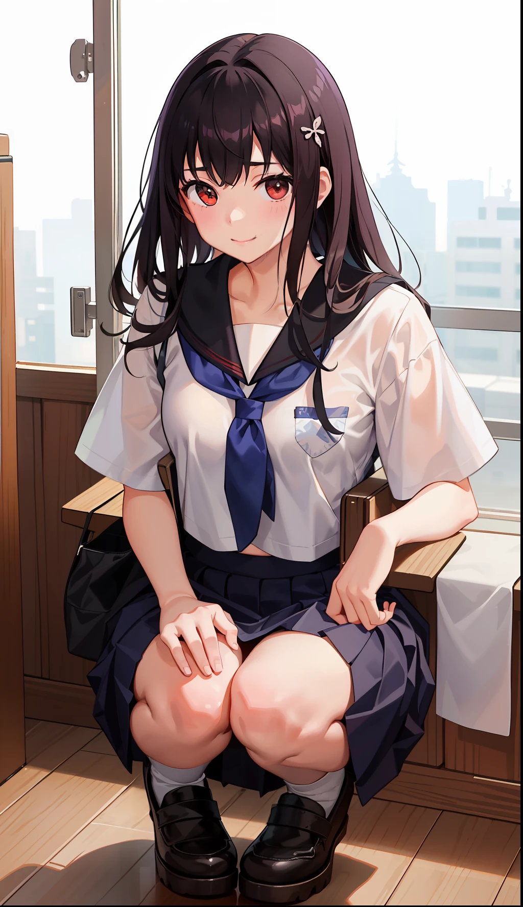 1girl in、A smile、The shirt、skirt by the、(small tits)Chilarism、Japan High School Student Uniform、serafuku、summer clothing、Squall Drenched Uniform、(Sheer Bra)、Upper body portrait、light cream hair、Squatting panchira、