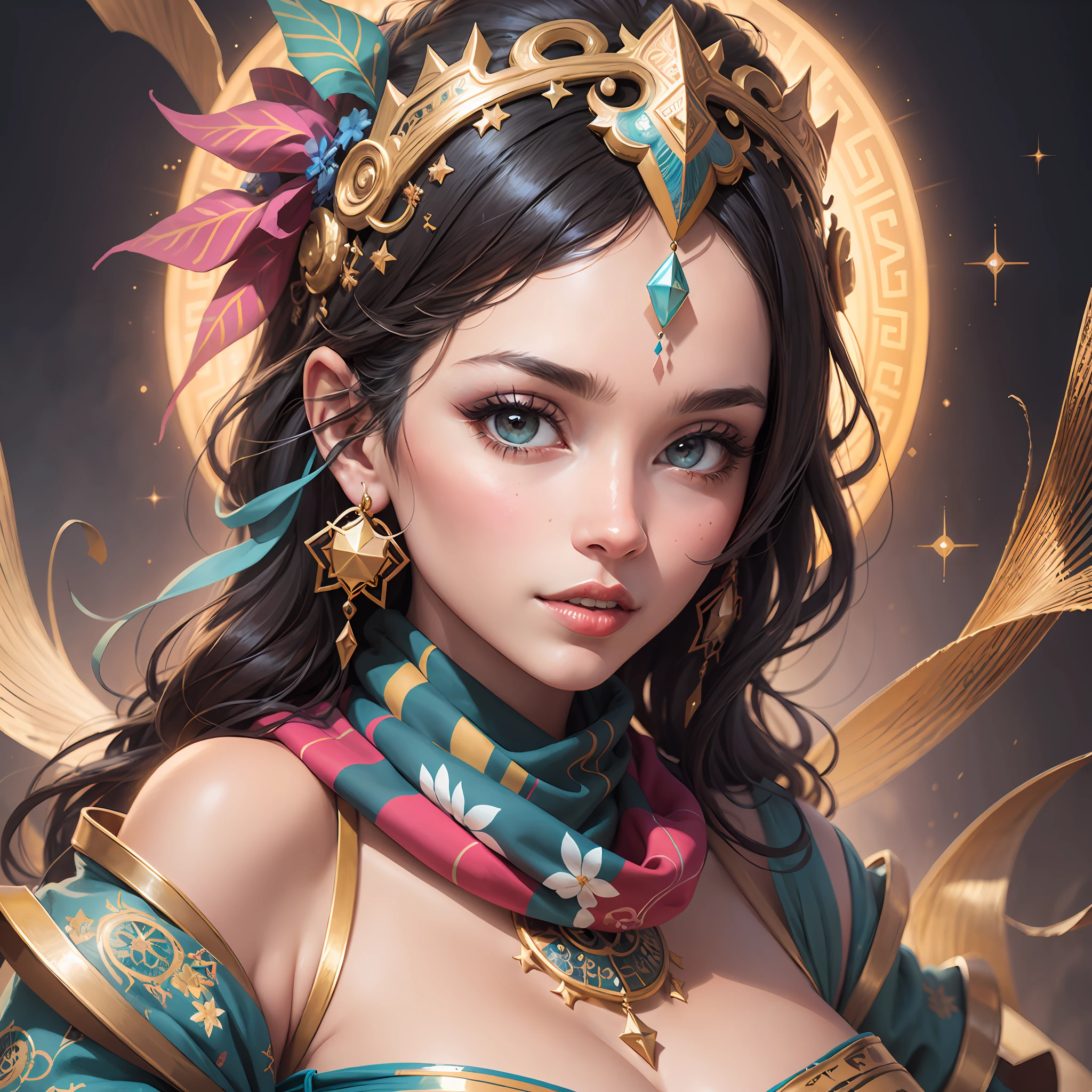 painting of a woman with a colorful headdress and a star - shaped scarf, gorgeous digital art, beautiful gorgeous digital art, beautiful digital art, beautiful digital artwork, beautiful art uhd 4 k, gorgeous digital painting, stunning digital illustration, very beautiful digital art, exquisite digital illustration, beautiful fantasy art portrait, stunning digital painting, beautiful digital painting, colorfull digital fantasy art