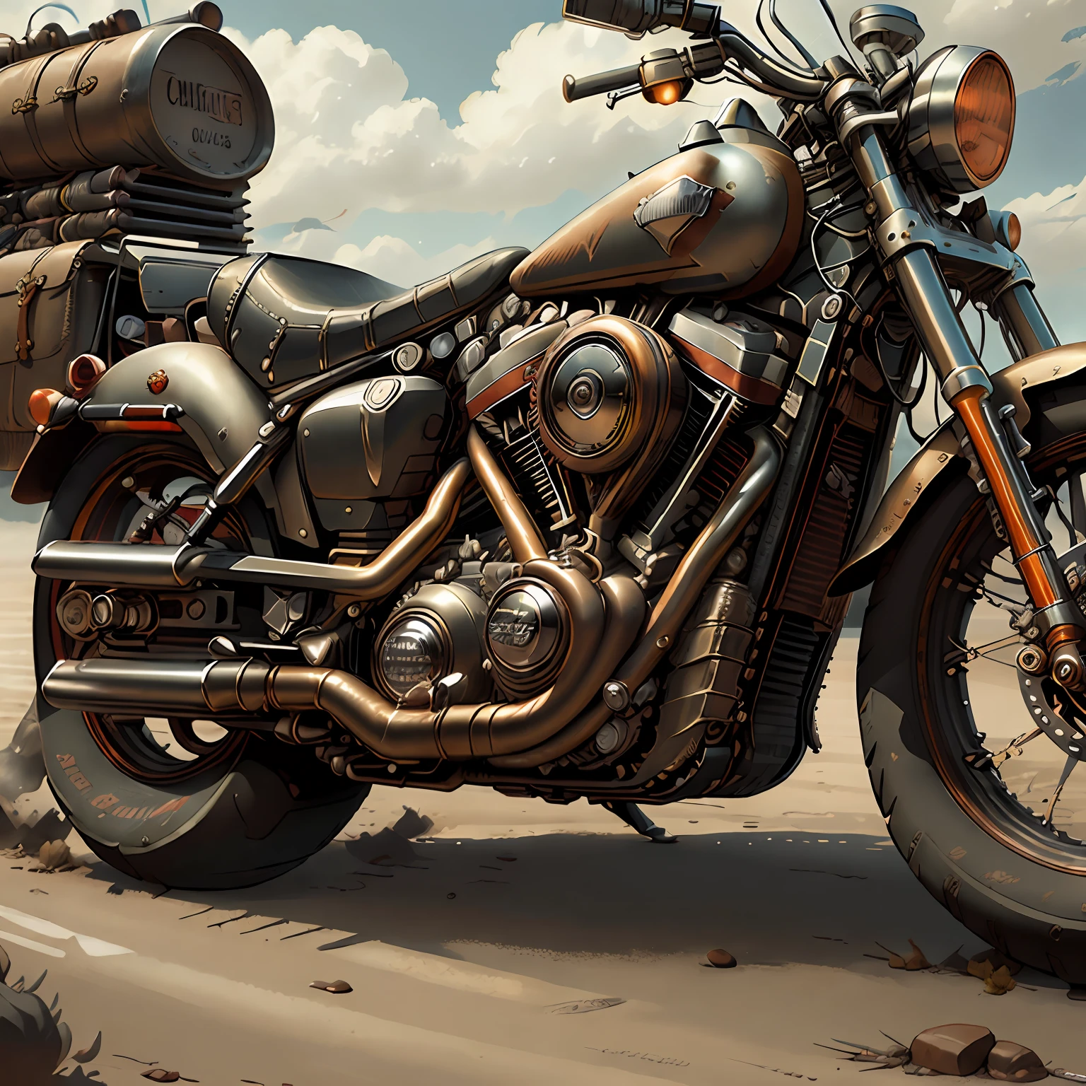 Harley-Davidson CVO Limitada,total view,Mad Max CogPunkAI ,Cores 64 k, (Branco ),4D ,rota 66