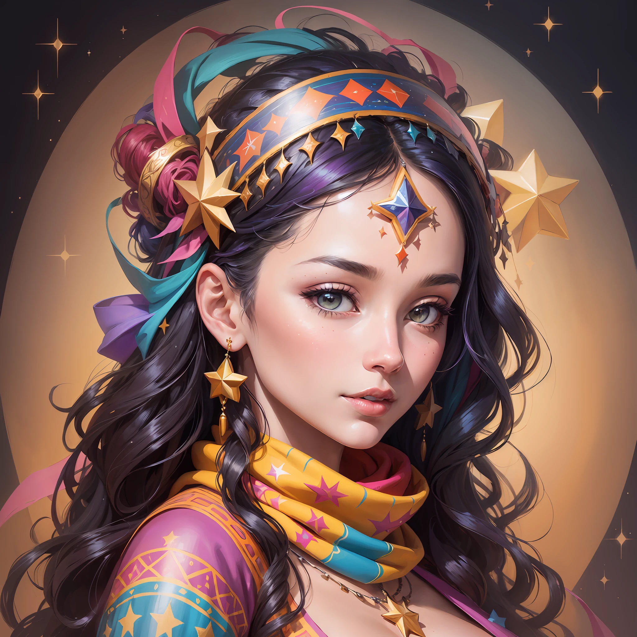painting of a woman with a colorful headdress and a star - shaped scarf, gorgeous digital art, beautiful gorgeous digital art, beautiful digital art, beautiful digital artwork, beautiful art uhd 4 k, gorgeous digital painting, stunning digital illustration, very beautiful digital art, exquisite digital illustration, beautiful fantasy art portrait, stunning digital painting, beautiful digital painting, colorfull digital fantasy art