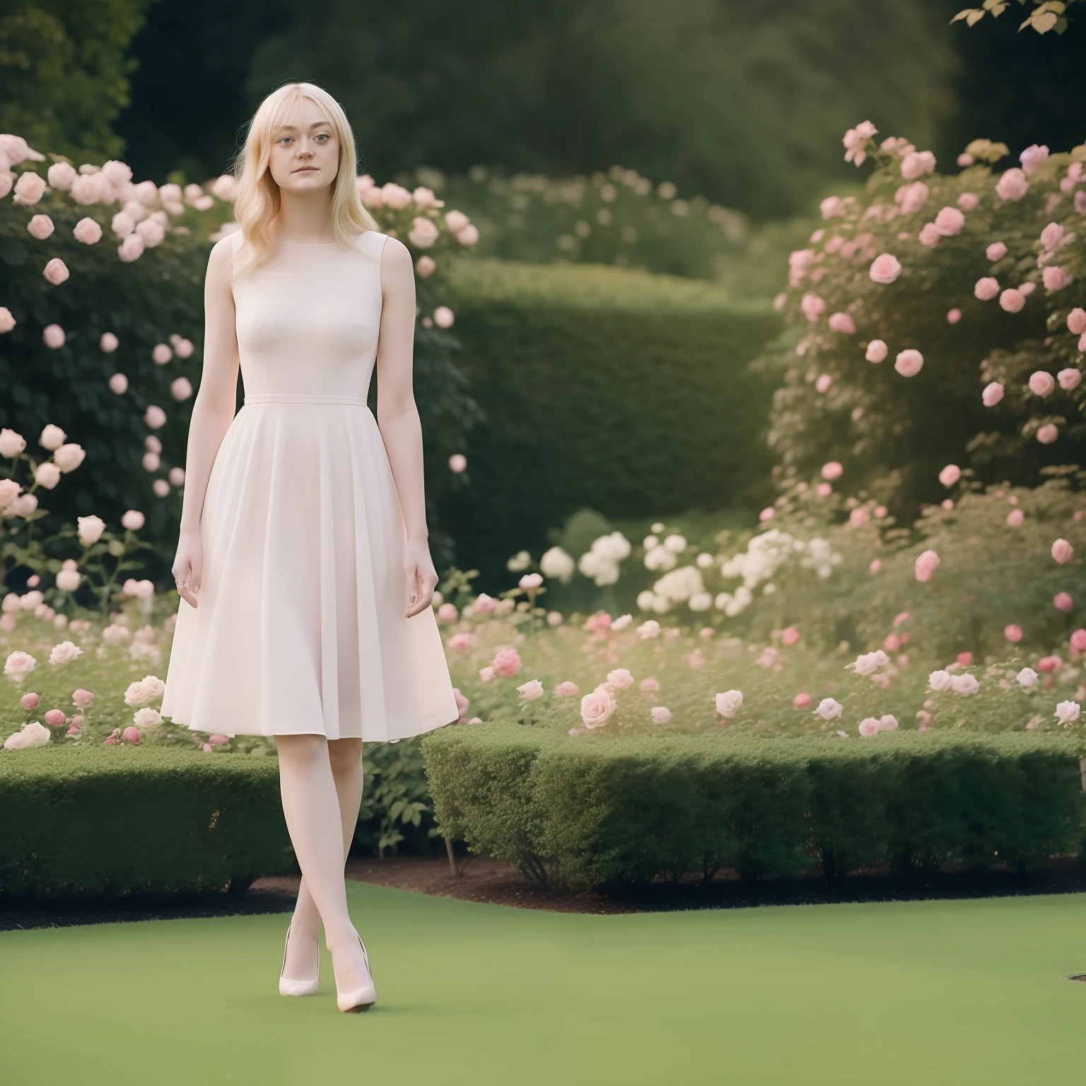 blond woman, standing in a rose garden, full body, dakota fanning, soft portrait shot 8 k, female portrait, james jean soft light 4k, james jean soft light 4 k, a still of an ethereal