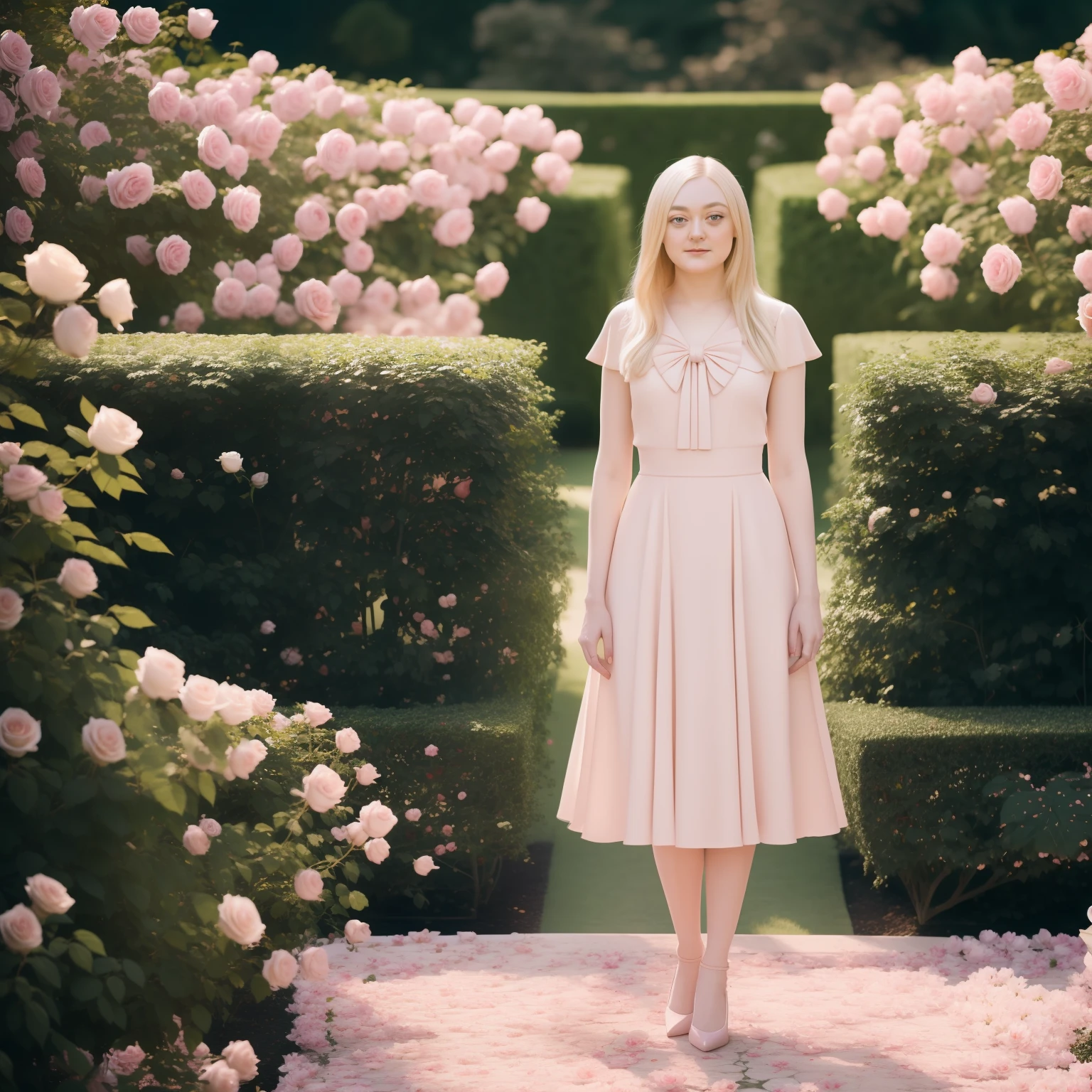 blond woman, standing in a rose garden, full body, dakota fanning, soft portrait shot 8 k, female portrait, james jean soft light 4k, james jean soft light 4 k, a still of an ethereal