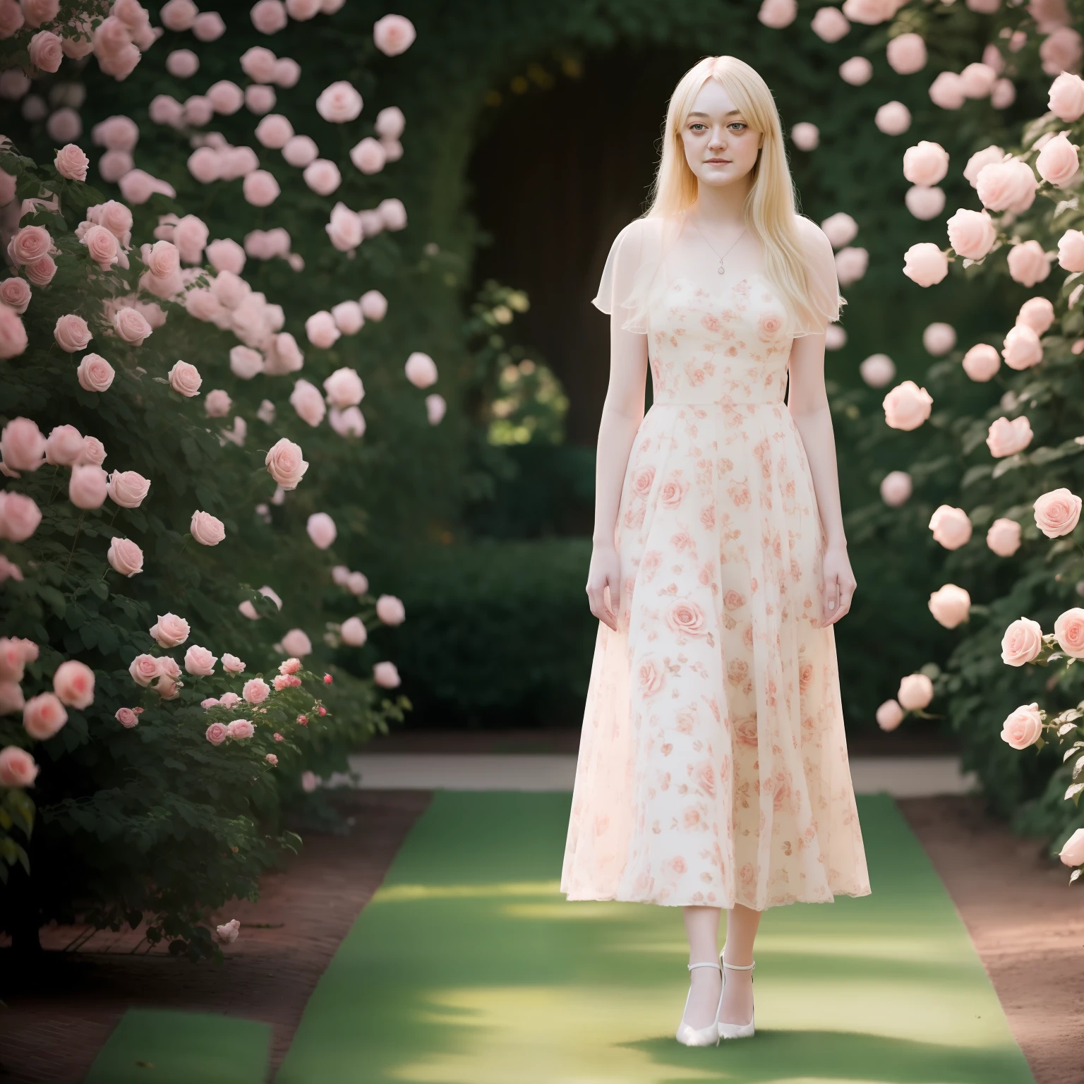 blond woman, standing in a rose garden, full body, dakota fanning, soft portrait shot 8 k, female portrait, james jean soft light 4k, james jean soft light 4 k, a still of an ethereal