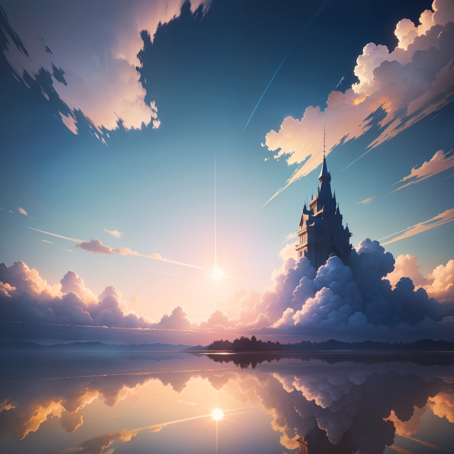 masterpiece, top-quality, (extremely detailed CG unified 8k wallpaper) (top-quality), (The best illustrations), (best shade)、Super Meticulous, blue-sky、Variety of clouds、Wonderfully beautiful、nostalgic、Looking up at the sky、Reflection of the Sun