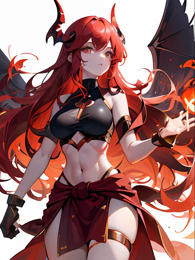 Futuristic Vtuber model concept design of a red wavy-haired woman with one golden eye with her (((torso floating above her waist like it’s been chopped in half))) has demon horns and tail with the end shaped like a fork, futuristic demon wings that disconnect from her body
