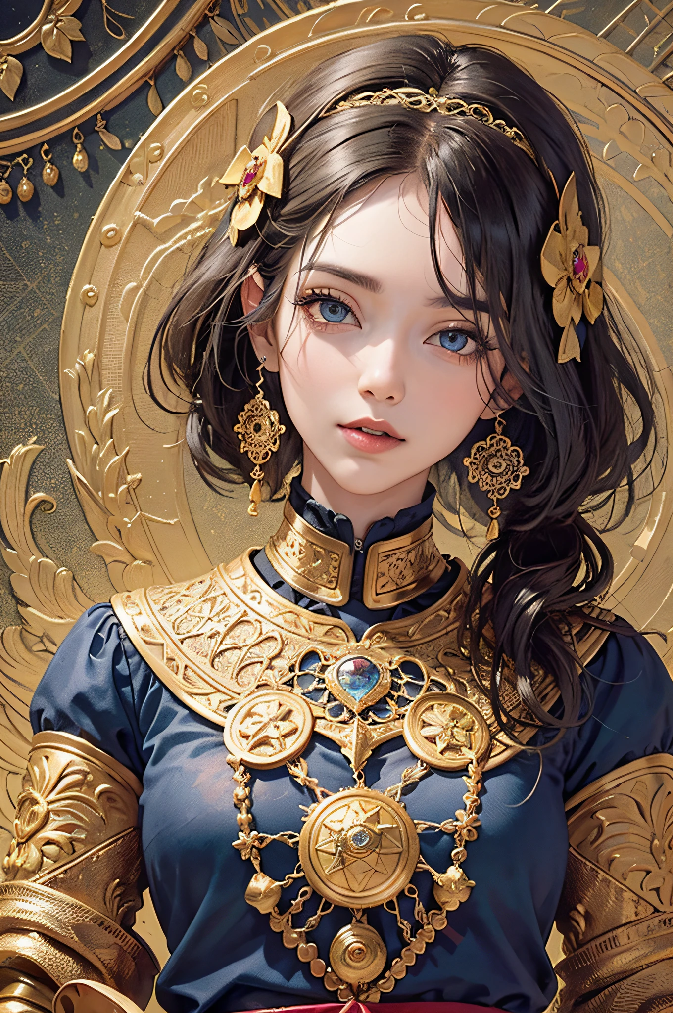 (masterpiece, top quality, best quality, official art, beautiful and aesthetic:1.2), (1girl), extreme detailed,colorful,highest detailed, official art, unity 8k wallpaper, ultra detailed, beautiful and aesthetic, beautiful, masterpiece, best quality, (zentangle, mandala, tangle, entangle) ,holy light,gold foil,gold leaf art,glitter drawing, PerfectNwsjMajic