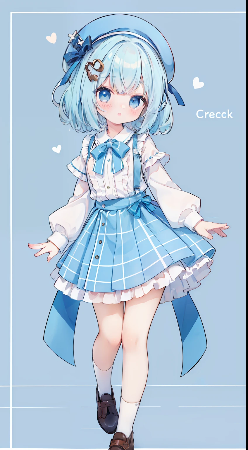 full bodyesbian、Standing Picture、lightblue hair、brown check beret、Plaid suspender skirt、Chocolate Mint、light blue  eyes、Light blue shirt、Brown ribbon、cute little、​masterpiece、top-quality、Top image quality