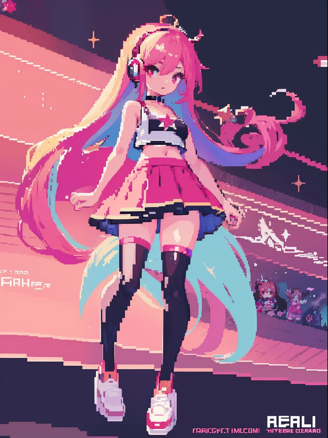 ((Masterpiece, highest quality, pixel, pixel art)), highly detailed, full body, 1girl, girl in a skirt and headphones, :3, long hair, bangs, multicolored hair, two-tone hair, gradient hair, brown hair, brown hair with pink tips, [[[[[[[[[pink hair]]]]]]]]], black crop top, red skirt, pleated skirt, stockings, leg warmers, black choker, red eyes, star (symbol), symbol-shaped pupils,