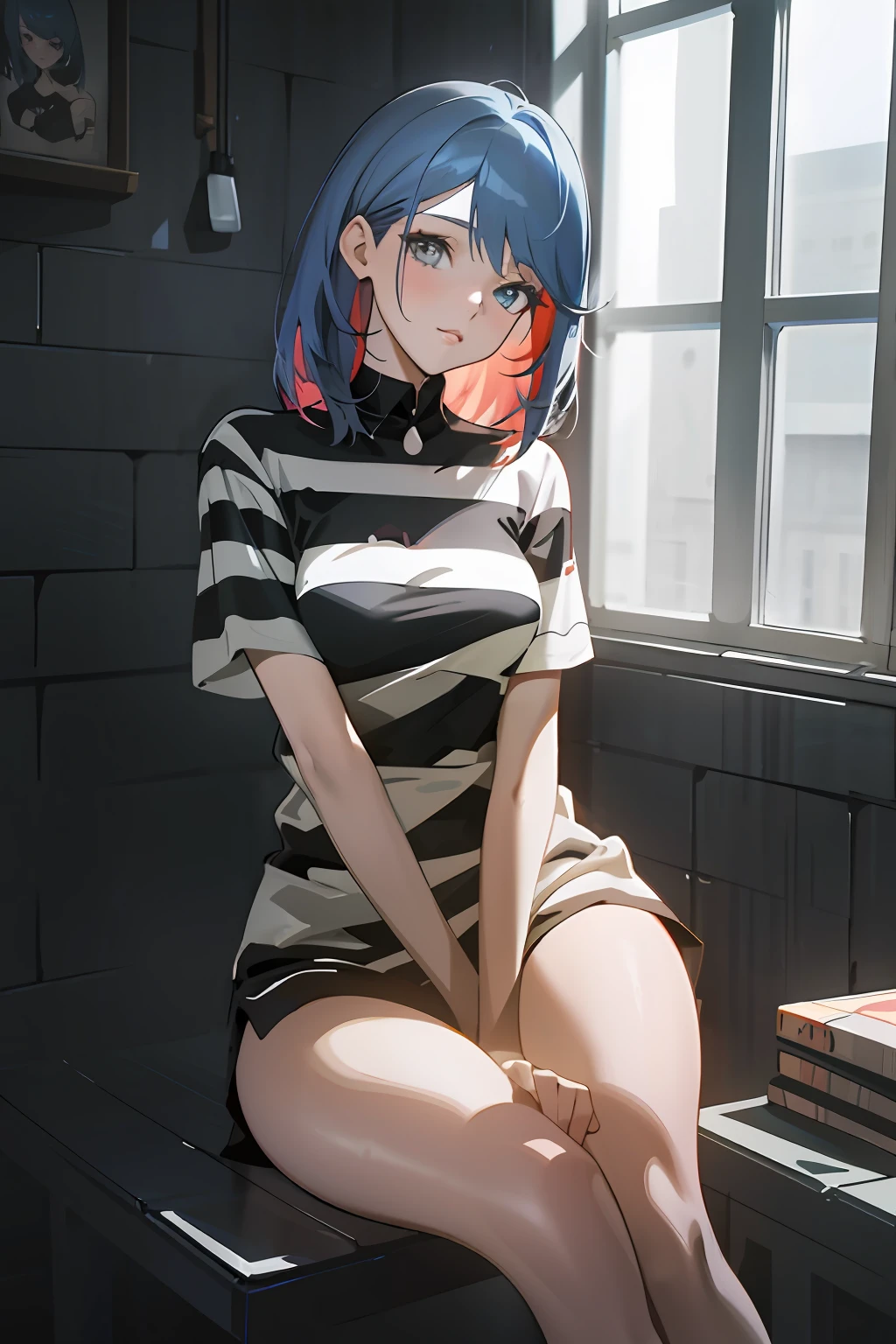 Anime girl sitting in a cell，[black pantyhoses]!!，Redhead and striped shirt, seductive anime girls, drawn in anime painter studio, urban girl fanart, Casual pose, realistic anime artstyle, [ 4 K digital art ]!!, anime realism style, made with anime painter studio, Fully clothed. painting of sexy, Marin Kitagawa fanart, Guviz-style artwork