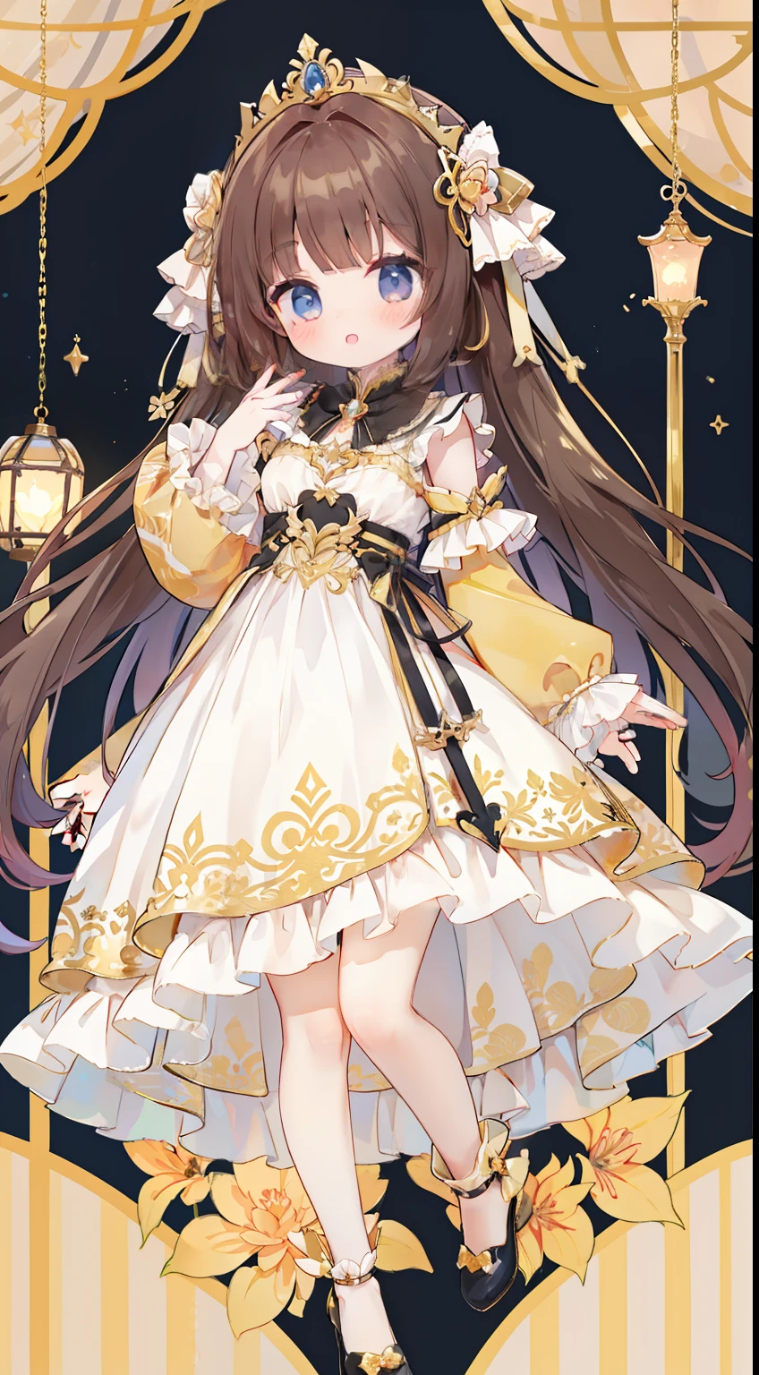 full bodyesbian、Standing Picture、cute little、masterpiece、Top image quality、top-quality、One Girl、Dress with gold pattern、princess line dress、tiarra、blanche
