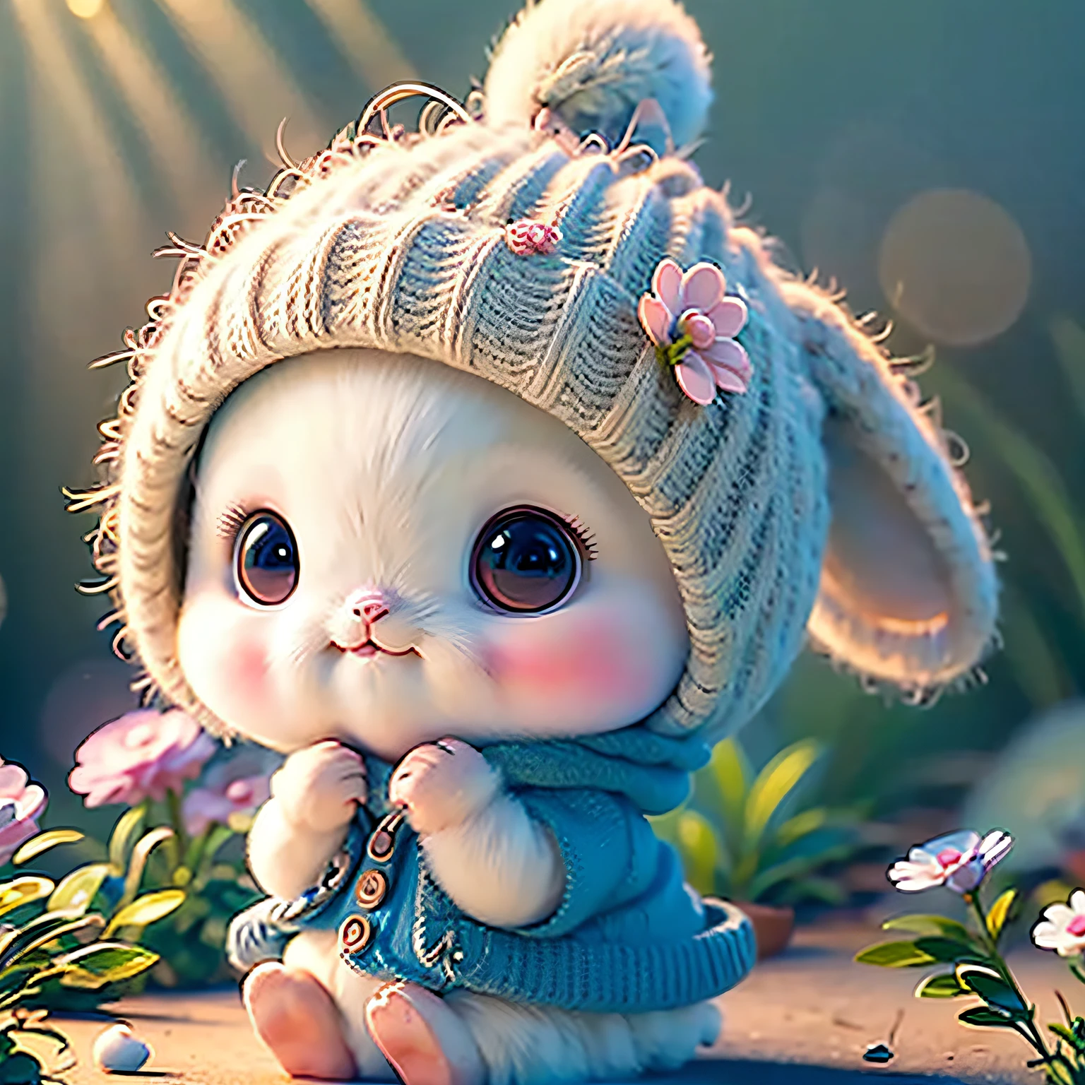 holding a camera，watery big eyes，cute little，innocent，stump，fresh flowers，adolable，fluffly，realisticlying，gentlesoftlighting，
