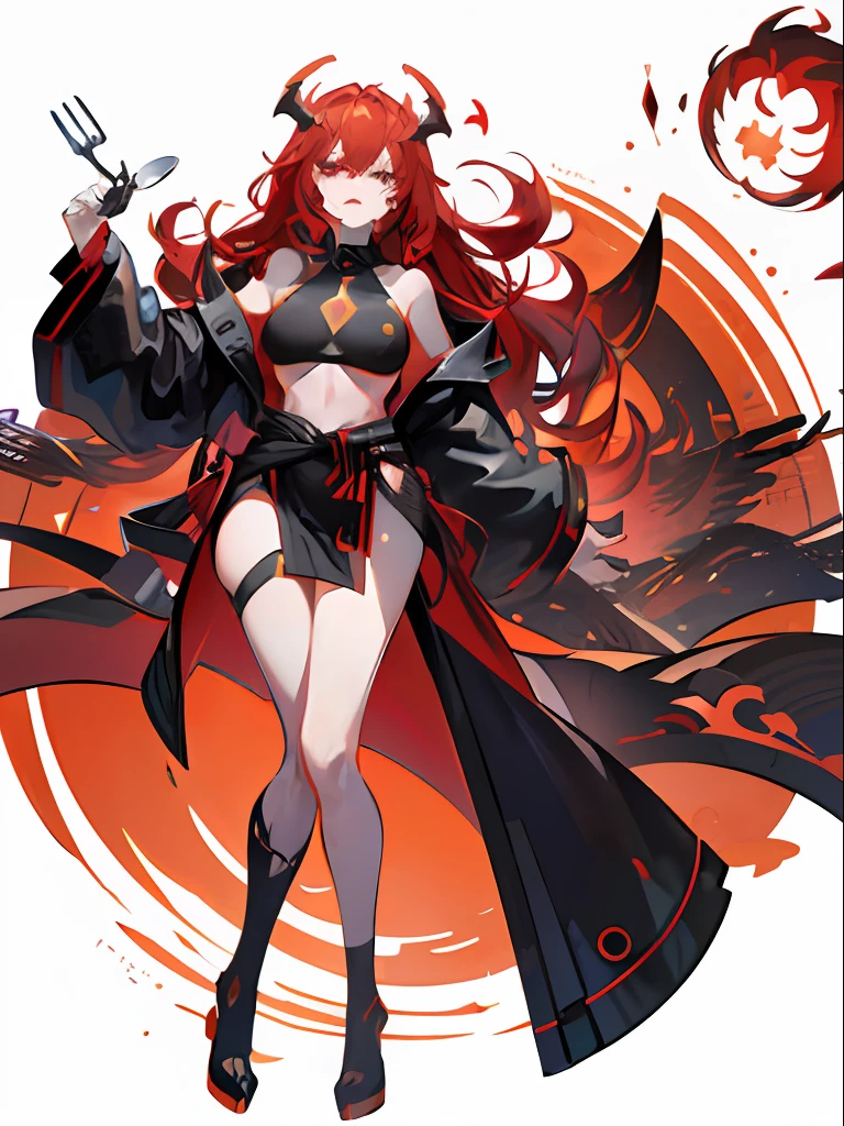 Futuristic Vtuber model concept design of a red wavy-haired woman with one golden eye with her (((torso floating above her waist like it’s been chopped in half))) has demon horns and tail with the end shaped like a fork, futuristic demon wings that disconnect from her body