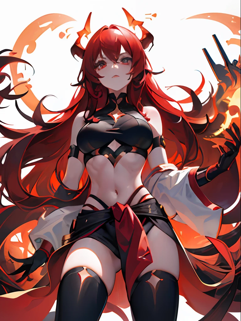 Futuristic Vtuber model concept design of a red wavy-haired woman with one golden eye with her (((torso floating above her waist like it’s been chopped in half))) has demon horns and tail with the end shaped like a fork, futuristic demon wings that disconnect from her body