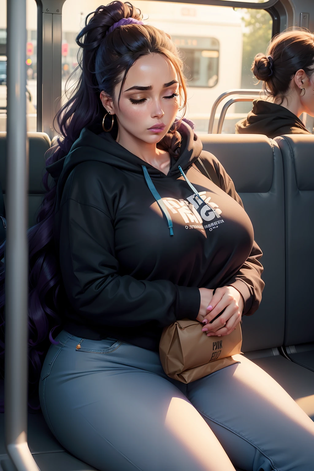 1 beautiful woman, large body, adult lady, purple lips, made-up face, hair tied up in 1 tail, wavy ponytail, middle parting, earrings, black hoodie, blue jeans, sneakers, made-up eyelids, brown bag, hands crossed, asleep sitting on the bus, eyes closed, mouth open.