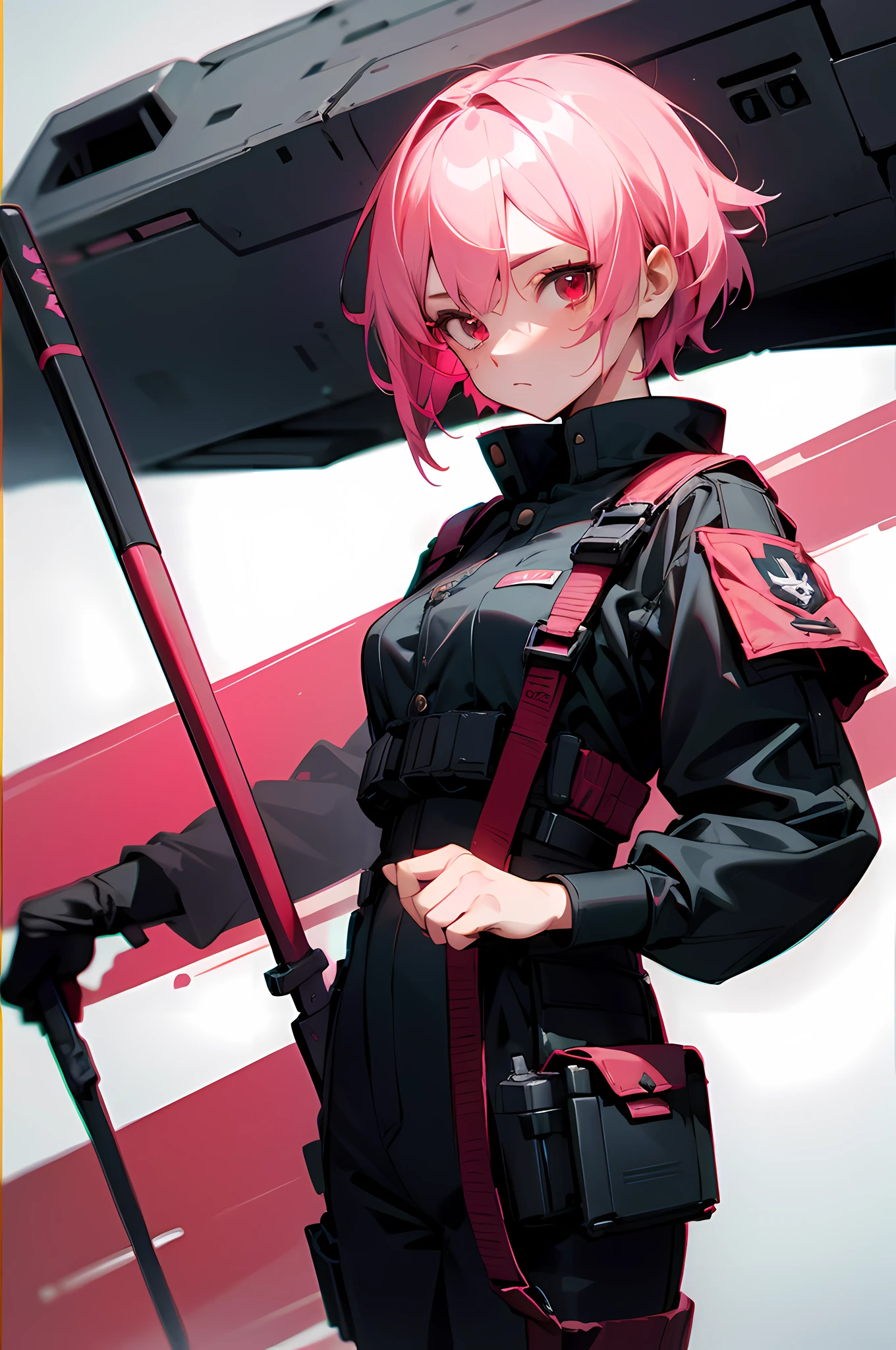 1girl, short pink hair, red eyes, wearing military equipment, battlefield, holding a weapon, standby, high res, ultrasharp, 8k, masterpiece, looking at viewer