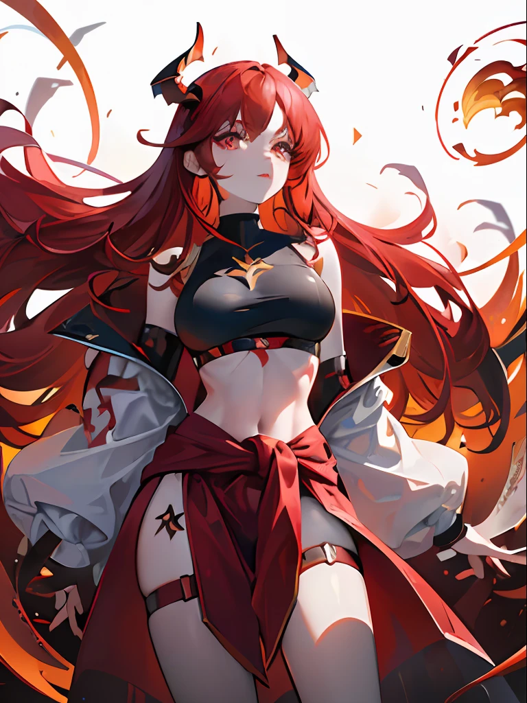 Futuristic Vtuber model concept design of a red wavy-haired woman with one golden eye with her (((torso floating above her waist like it’s been chopped in half))) has demon horns and tail with the end shaped like a fork, futuristic demon wings that disconnect from her body