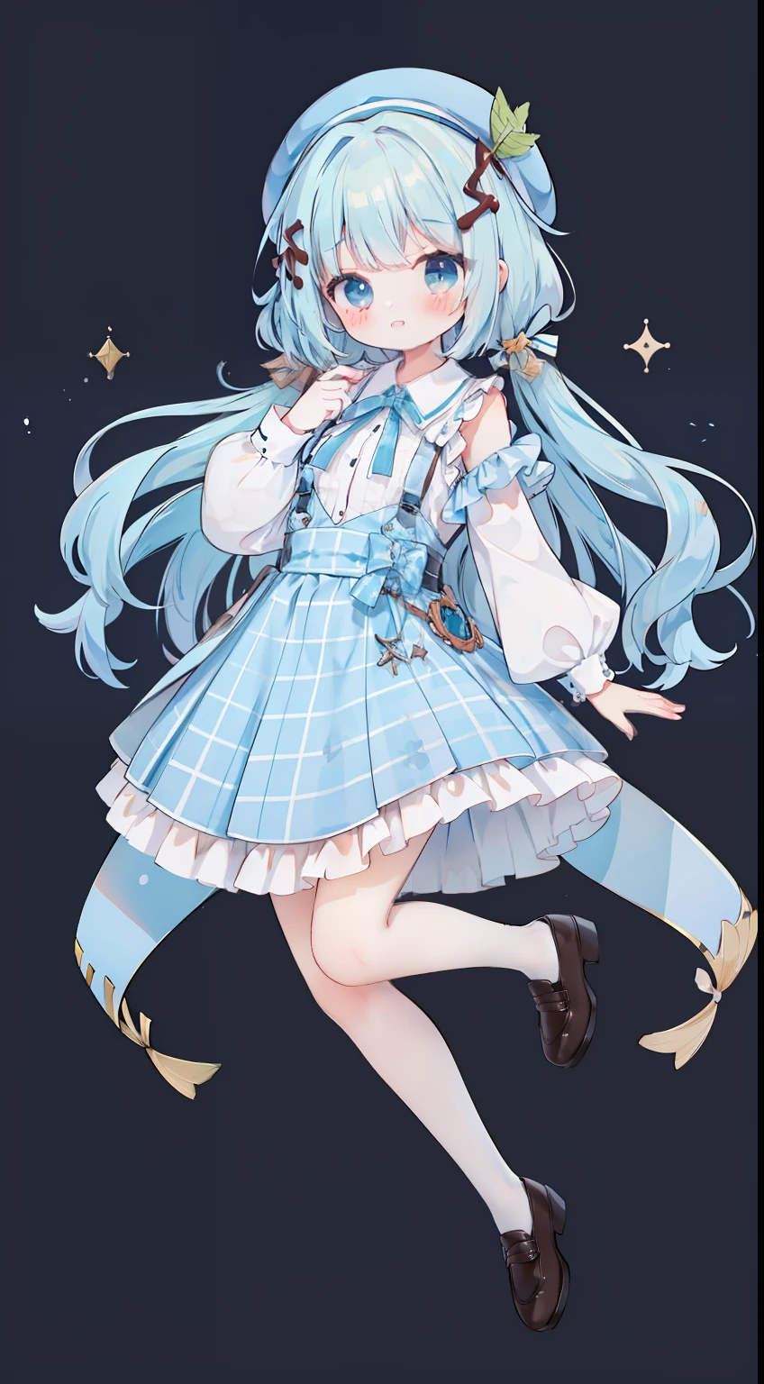 full body Esbian、Standing picture、lightblue hair、Brown beret、Plaid Suspender Skirt、Chocolate Mint、light blue  eyes、Light blue shirt、Brown Ribbon、cute little、​masterpiece、top-quality、Top image quality