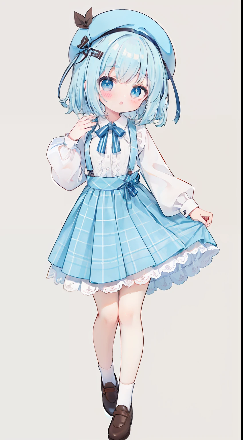 full body Esbian、Standing picture、lightblue hair、Brown beret、Plaid Suspender Skirt、Chocolate Mint、light blue eyes、Light blue shirt、Brown Ribbon、cute little、masterpiece、top-quality、Top image quality