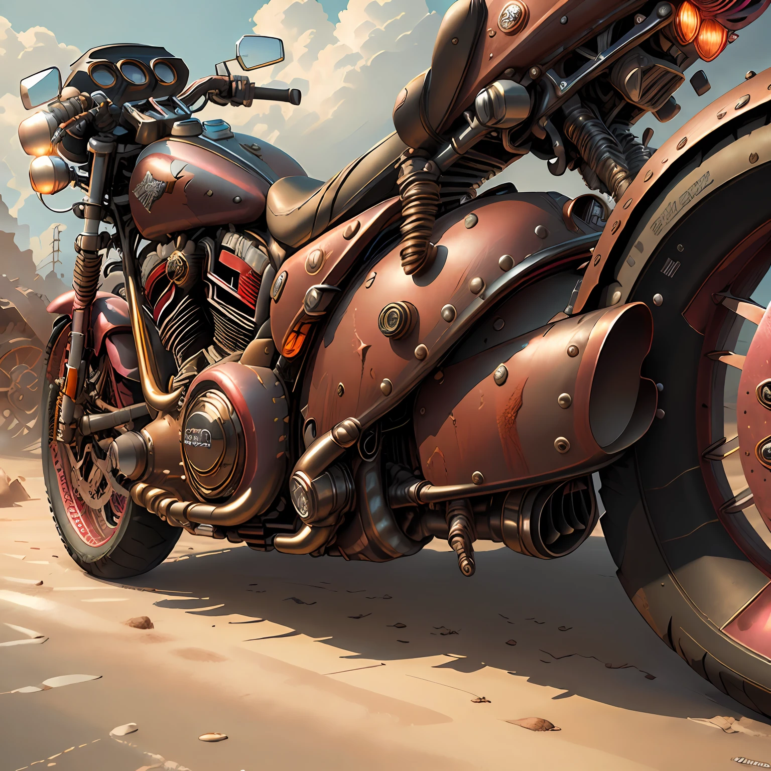 Harley-Davidson CVO Limitada,panoramic viewMad Max CogPunkAI ,Cores 64 k, (metallic rose ),4D ,rota 66