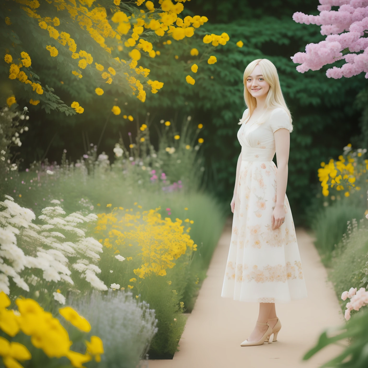 blond woman, standing in a flower garden with a beautiful smile, full body, dakota fanning, soft portrait shot 8 k, female portrait, james jean soft light 4k, james jean soft light 4 k, a still of an ethereal