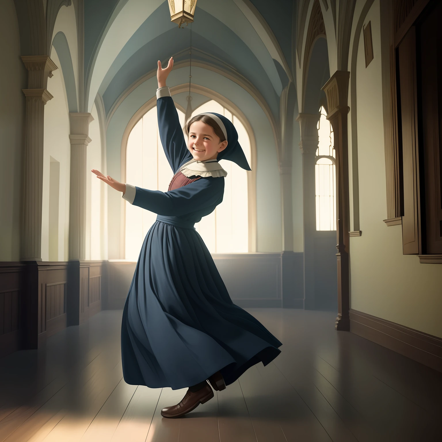 Imagine a in 1890 dancing with joy inside a religious college. She's very happy, period clothes and dresses, menina inspiradanta Gemma Galgani, realistic photo of the nineteenth century and colors of the time, santidade