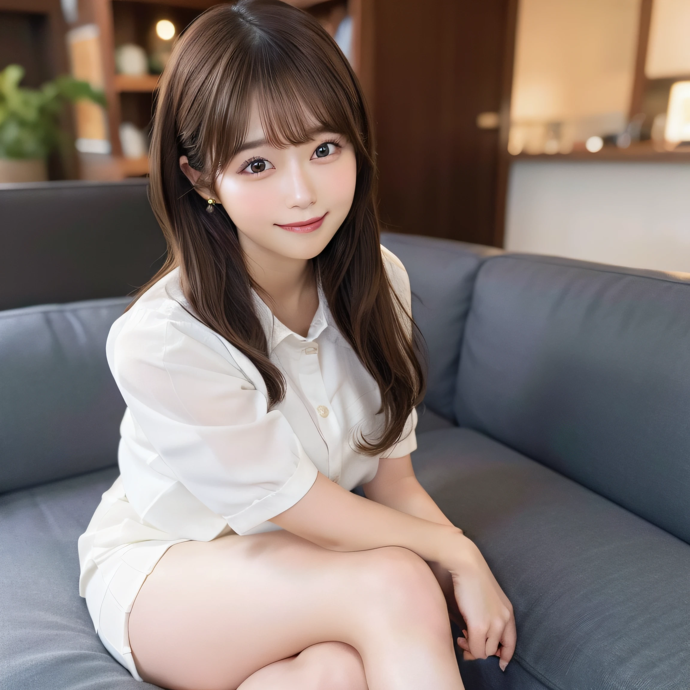 8k RAW photo, top-quality, masterpiece:1.3, 超A high resolution, film grains, 1woman, Look at viewers, natural skin textures, realistic eyes and face details, Full lips, fluffy hair, Shy smile, Surreal Women、full bodyesbian、Blur the background, Business suits, white shirt, Skirt to the knee, thighs thighs thighs thighs, s Office ,(Brown medium hair,Bangs), (touch hair:1.4),nogizaka,beautiful foot:1.3,From the knee up、poneyTail,Beautiful Finger
