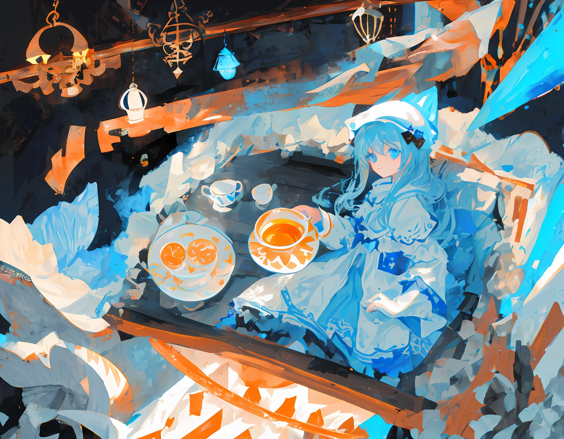 white backgrounid,teacup,There is a blue teacup sleeve on the outside of the teacup,The teacup sleeve has neat granular blue fluorescent dots