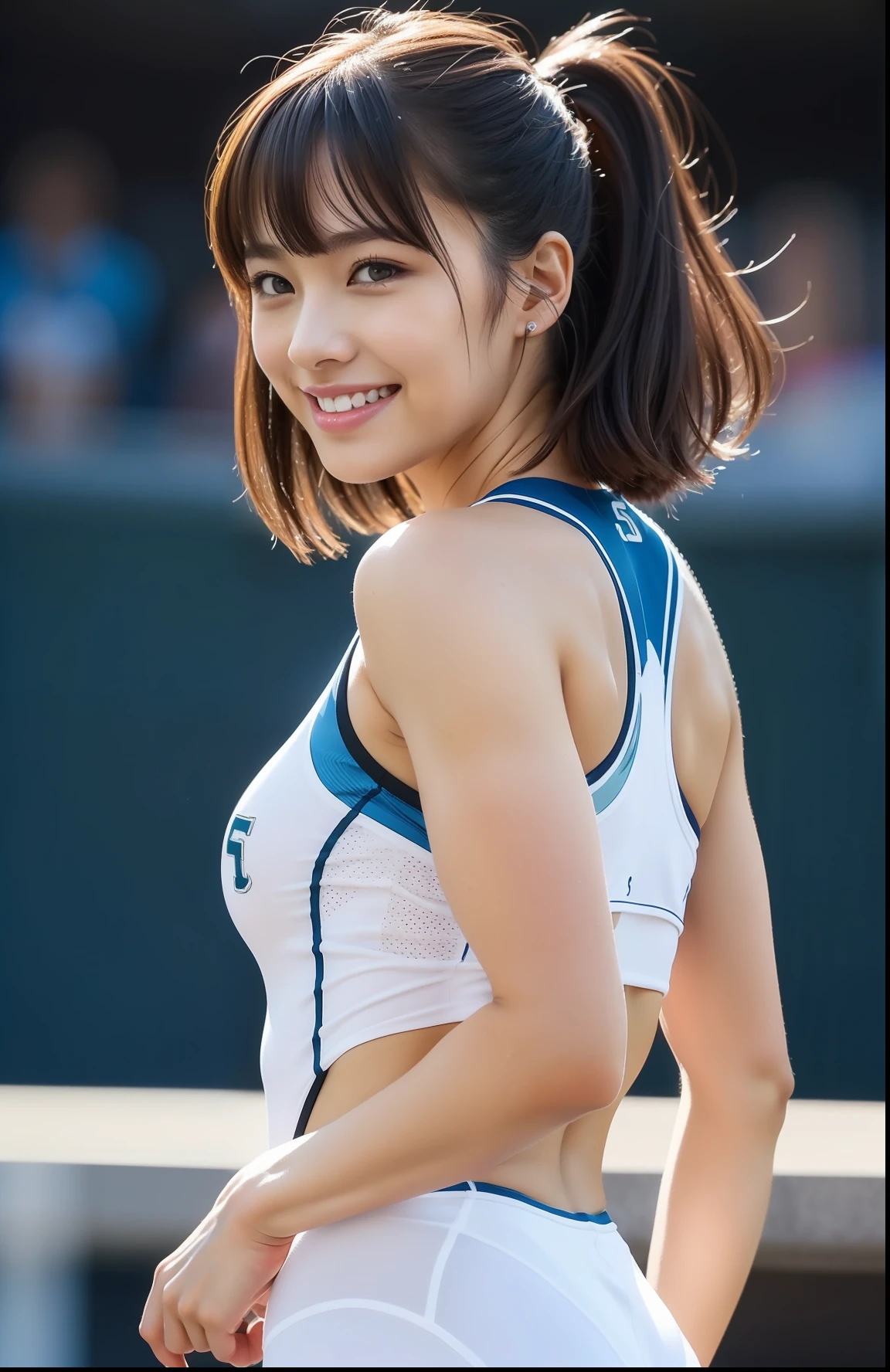 (((full bodyesbian)))、Rear view、japanese beauty girl、((Short-cut hairstyles))、Perfect style、track and field uniform、beauty legs、kawaii、((Track & Field Athletes Women))、(((1人)))、((stadium))、Transcendent cute、A slight smil、Beautiful breasts、full bodyesbian、athletic field、((Outstanding style))、((Healthy body))、 Photorealsitic、Beautiful detailed eyes、Hyper-Realism、highcontrast、Ultra HD、realistic skin textures、Top image quality、top-quality、超A high resolution、Fine details、Very meticulously