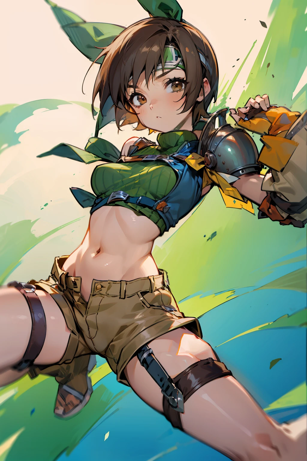 (masutepiece, 8K,Very detailed),1girl in, Short hair, head band, Navel, Sleeveless, turtle neck, Brown eyes, sleeveless turtleneck, breasts, gloves, croptop, Brown hair , Shorts, Midriff, armor, Sweaters, open fly, Fingerless gloves, Ribbed sweater, medium breasts, Yuffie_Kisaragi_01 Girls,Green wind-like effect , Active Pose,Dynamic Angle