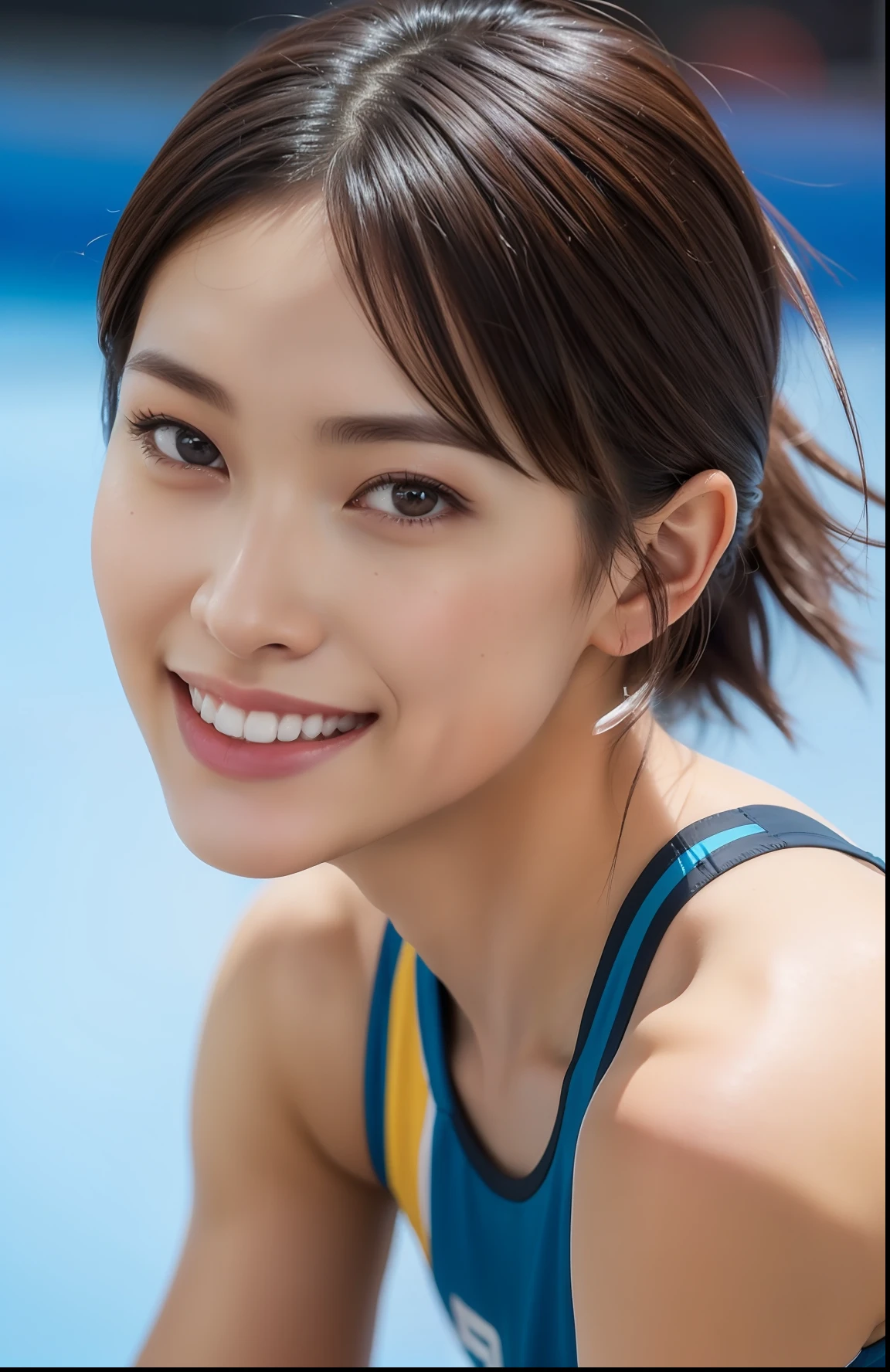 (((full bodyesbian)))、Rear view、japanese beauty girl、((Short-cut hairstyles))、Perfect style、track and field uniform、beauty legs、kawaii、((Track & Field Athletes Women))、(((1人)))、((stadium))、Transcendent cute、A slight smil、Beautiful breasts、full bodyesbian、athletic field、((Outstanding style))、((Healthy body))、 Photorealsitic、Beautiful detailed eyes、Hyper-Realism、highcontrast、Ultra HD、realistic skin textures、Top image quality、top-quality、超A high resolution、Fine details、Very meticulously