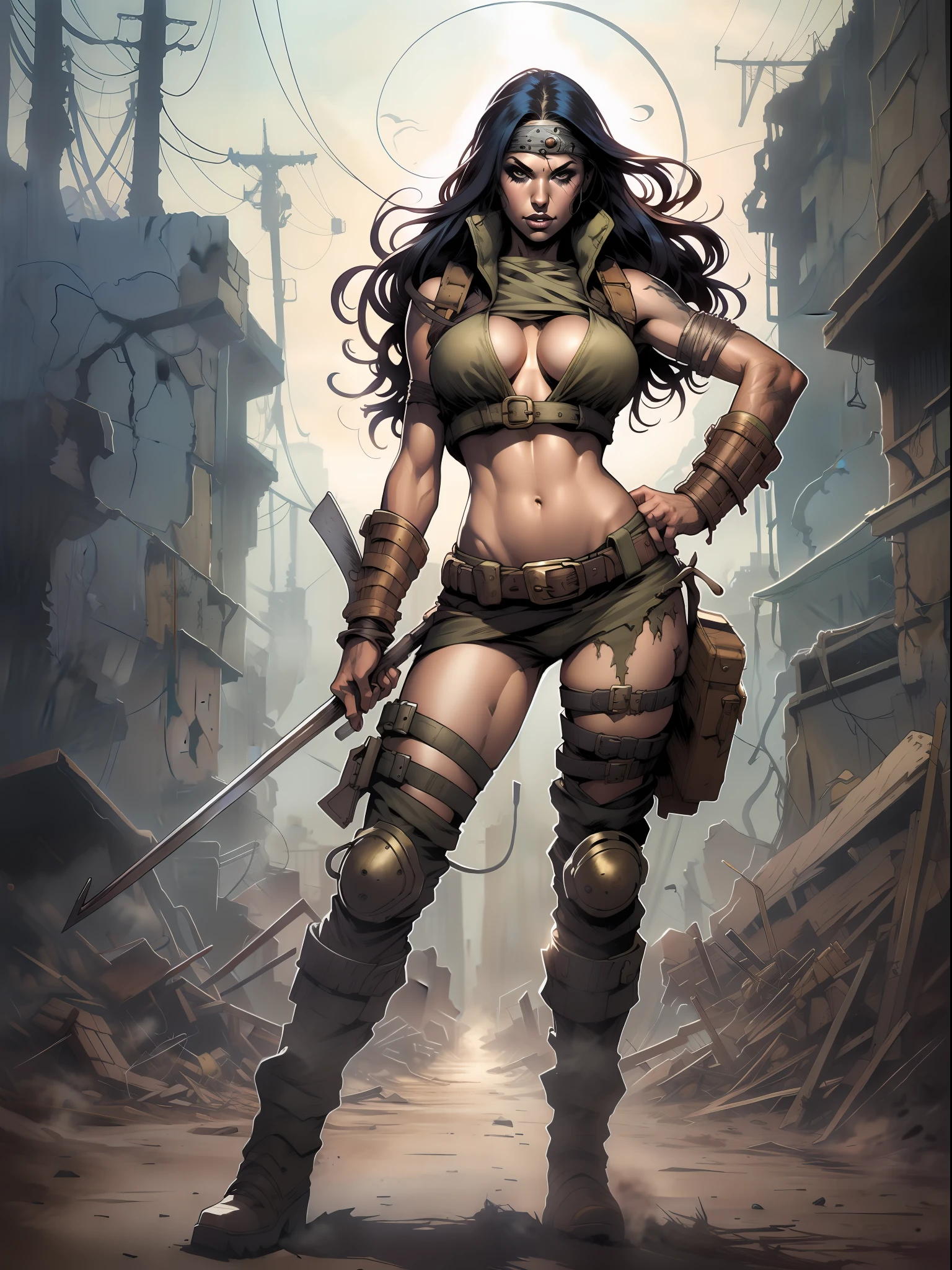 A post-apocalyptic warrior, uma mulher de 35 anos quase nua no estilo Simon Bisley para a capa da revista Heavy Metal, cabelo metade preto metade branco, Minimum clothing, roupas curtas,