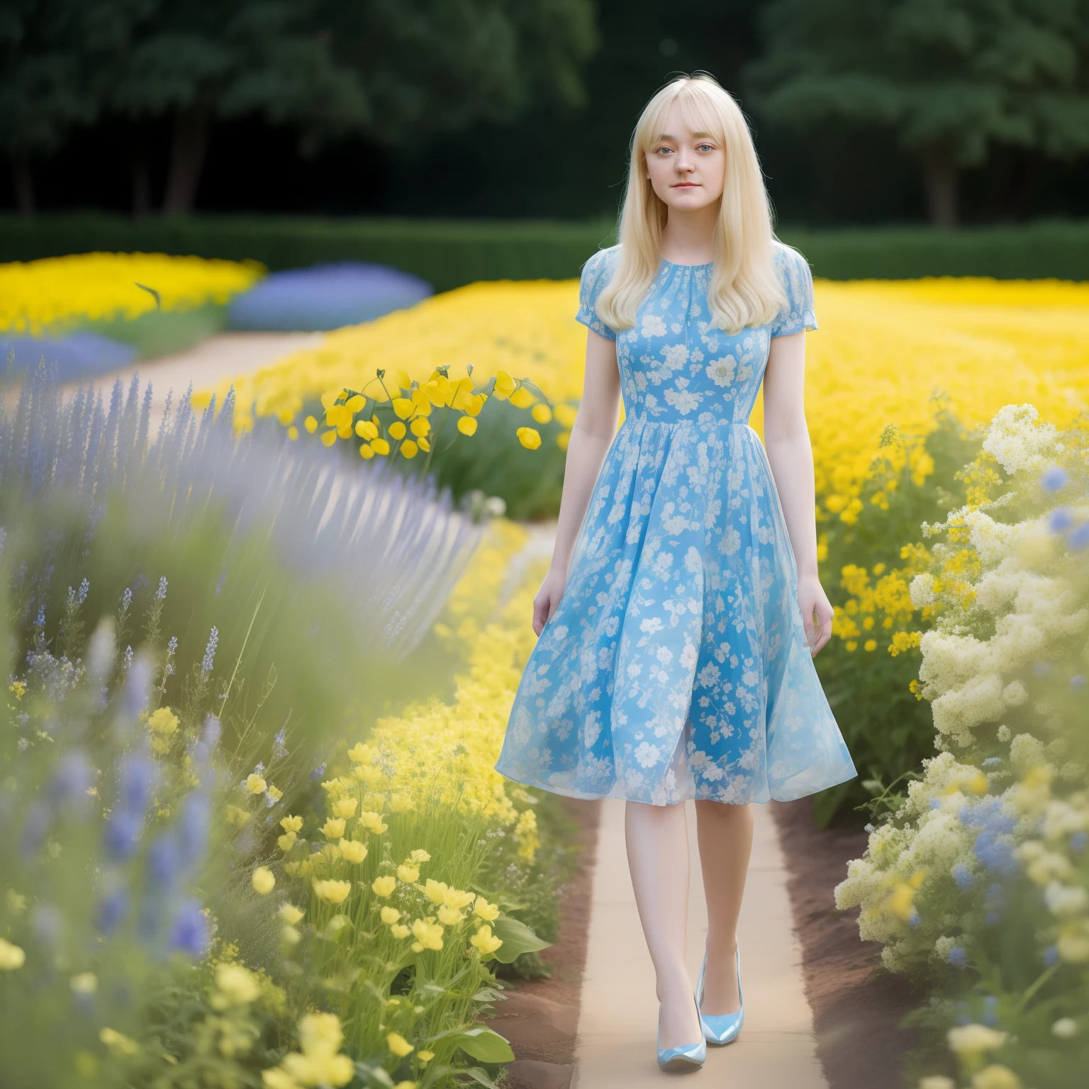 blond woman in yellow dress, standing in a blue flower garden, full body, dakota fanning, soft portrait shot 8 k, female portrait, james jean soft light 4k, james jean soft light 4 k, a still of an ethereal