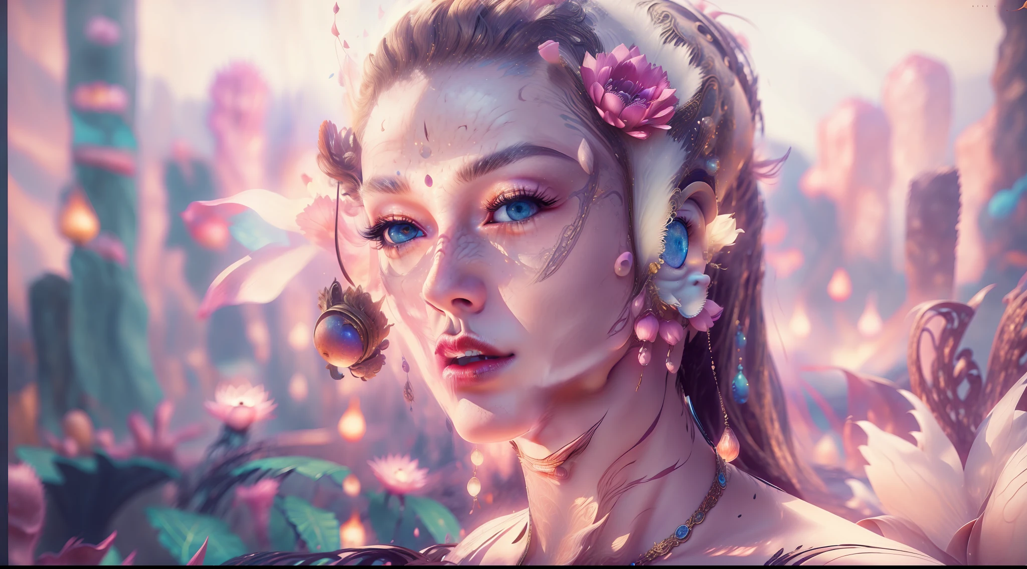 Pink lotus,realisticlying,Bokeh,light particules,very highly detailed background,detailed face with,Detailed and complex busy background,Untidy,opulent,milkyW,Highly detailed hands,Realistic details of skin,Visible Pore,tack sharp focus,volume fog,8K UHD,digital SLR camera,high qulity,filmgrain,White skin of the,photo-realism,lomo graphy,Huge metropolis in a dystopia of the future , look from down