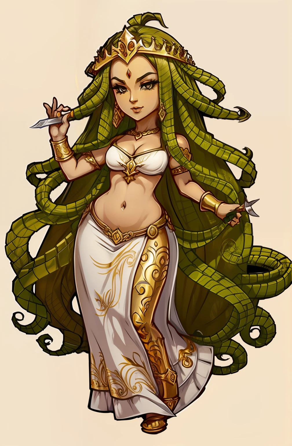 olhos amarelos, diadema dourado na testa , hands holding daggers, olhar sombrio