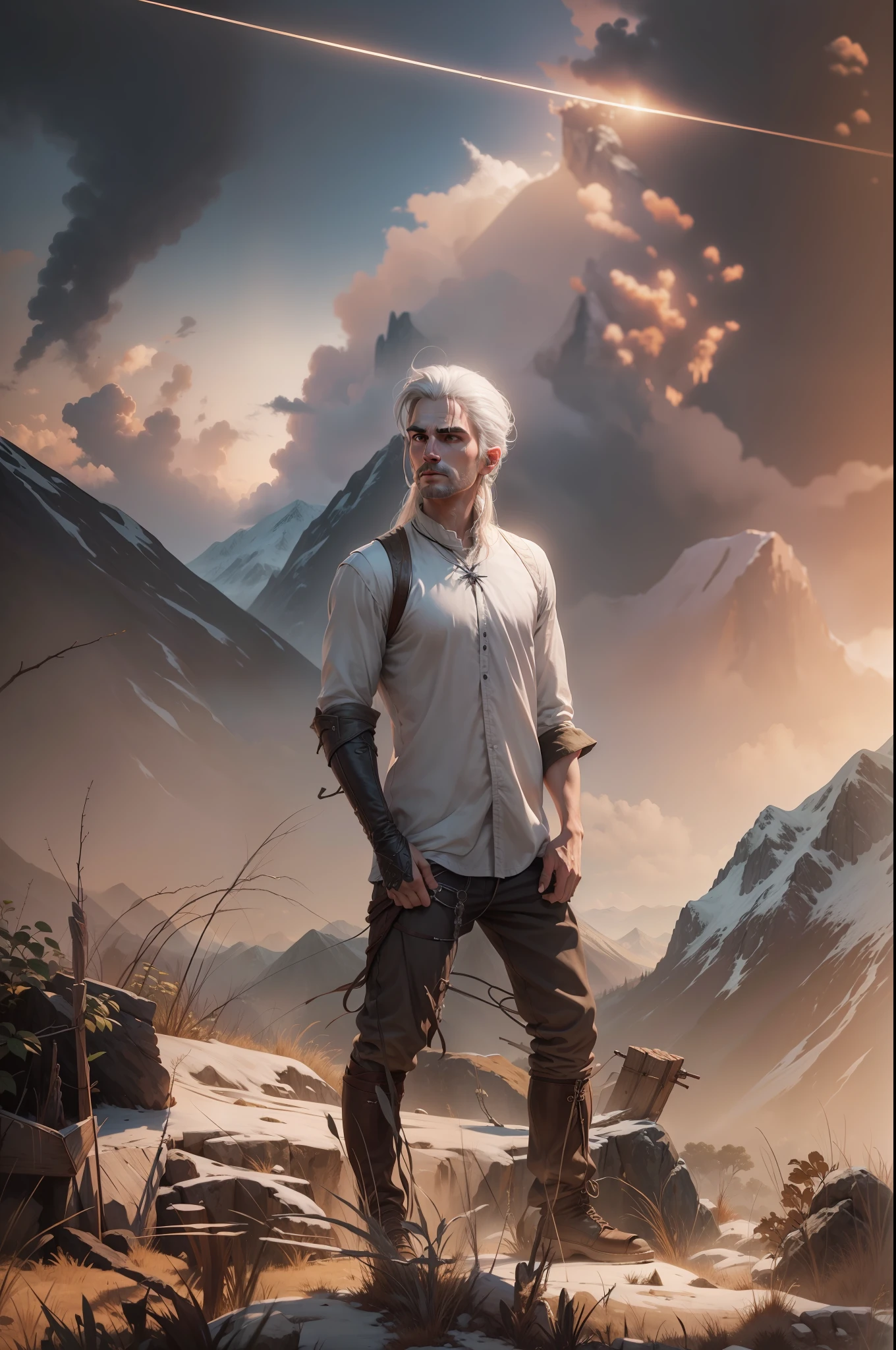 Boy become a witcher, white long hairs, on mountains, realistic, 4k