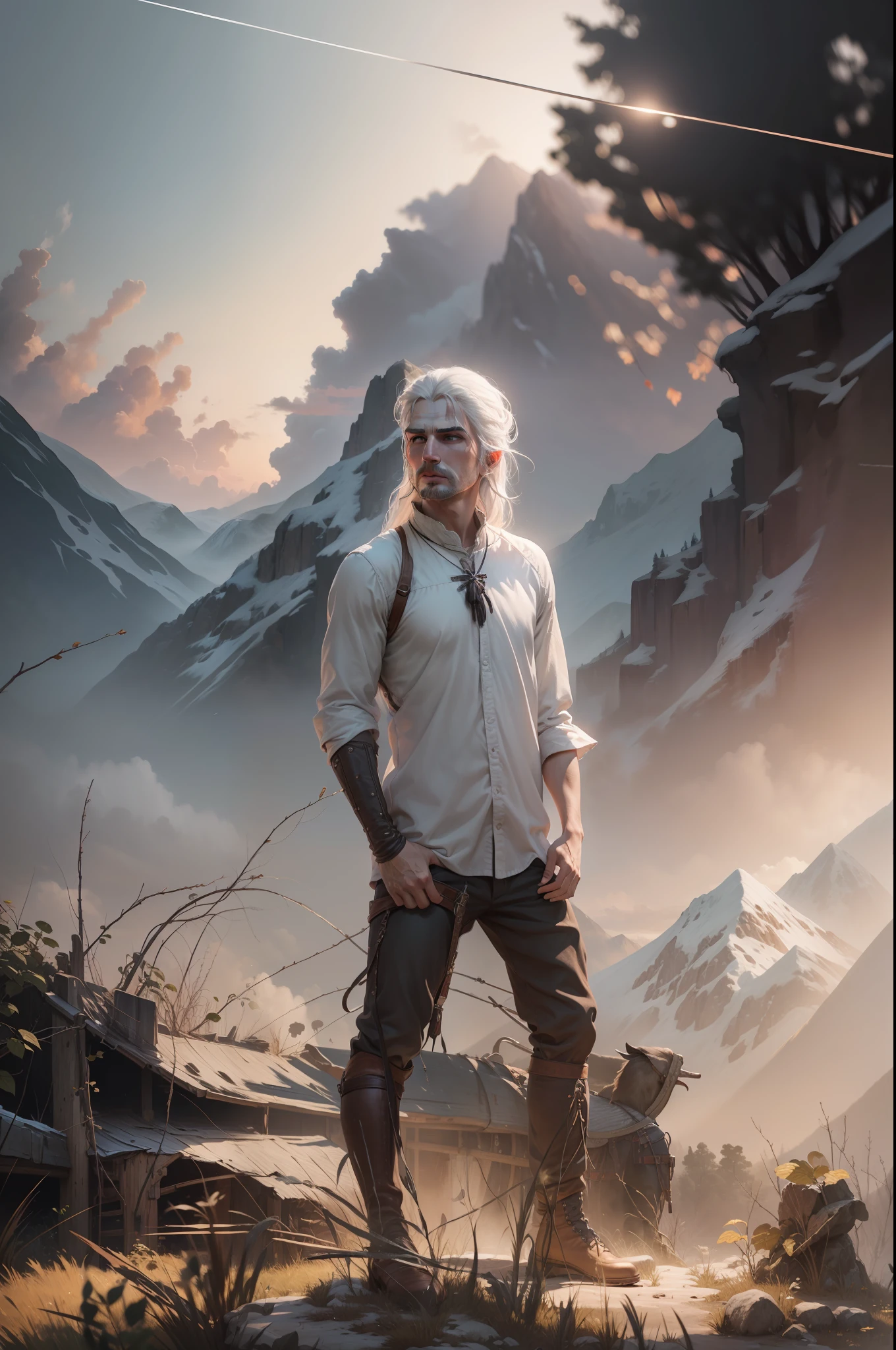 Boy become a witcher, white long hairs, on mountains, realistic, 4k