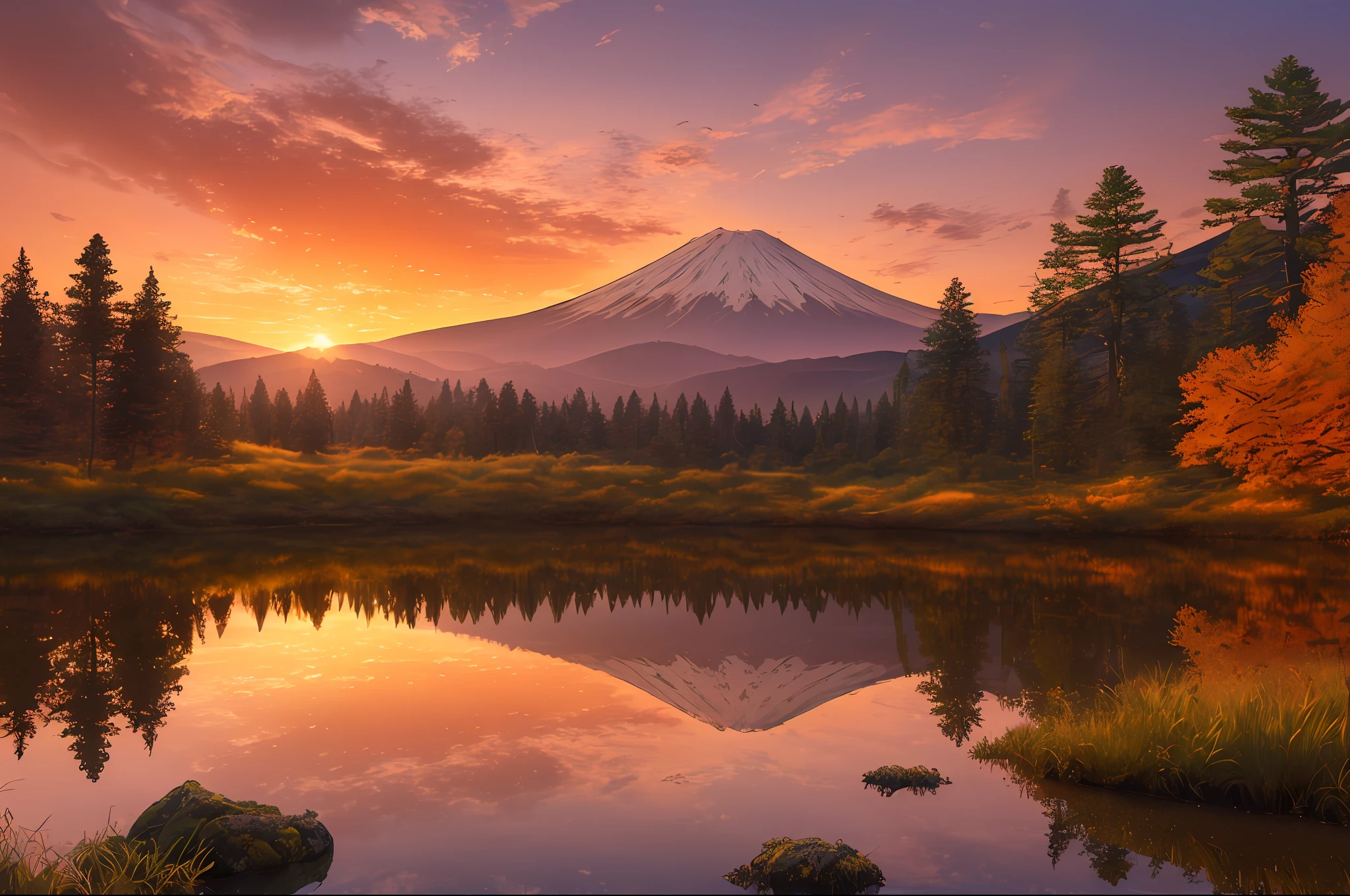 (Vast landscape photo:1.4), magnificent scenery, (wide landscape:1.2), (hyperrealism), (photorealistic:1.6), sharp and crisp background, very beautiful landscape, a Mount Fuji reflected in the lake, BREAK (sunset), (red sky), forest, ((Cinematic lighting)), (Dynamic Composition: 1.4), best quality, masterpiece, ultra high res, 8K, photo, wide view, Intricate Details, Volumetric Lighting, (Glow Lighting, Atmospheric Lighting), high contrast,