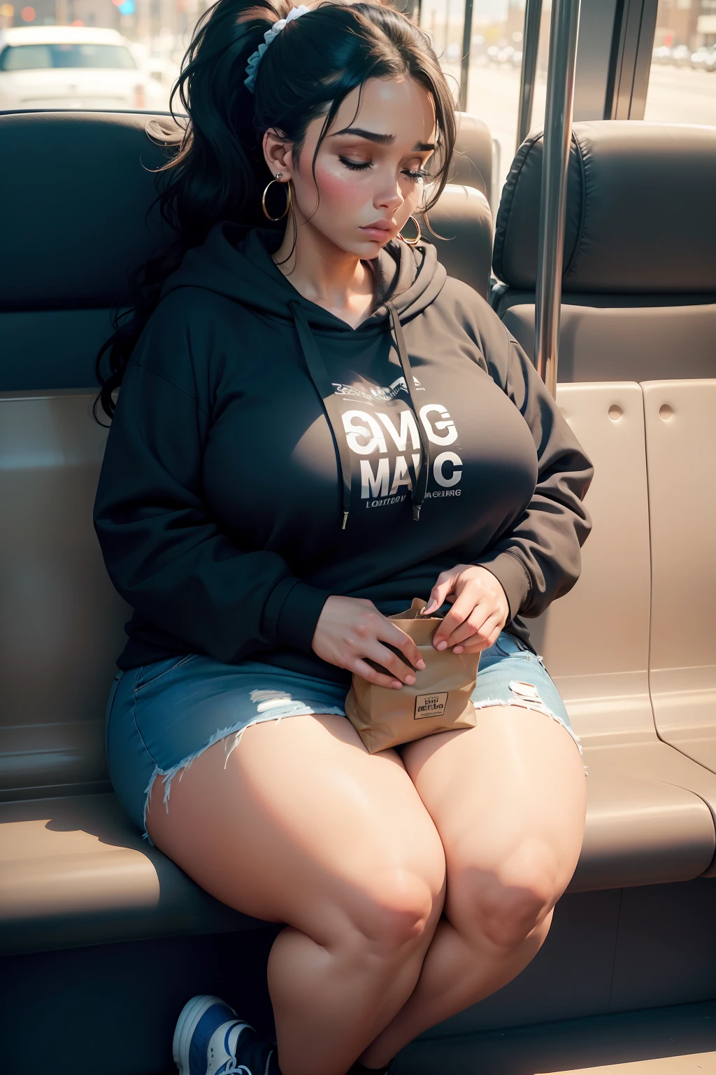 1 beautiful woman, large body, adult lady, made-up face, hair tied in 1 tail, wavy ponytail, parting in the middle, earrings, black hoodie, long blue jeans, sneakers, made-up eyelids, brown bag, hands crossed, asleep sitting on the bus, eyes closed, mouth open.