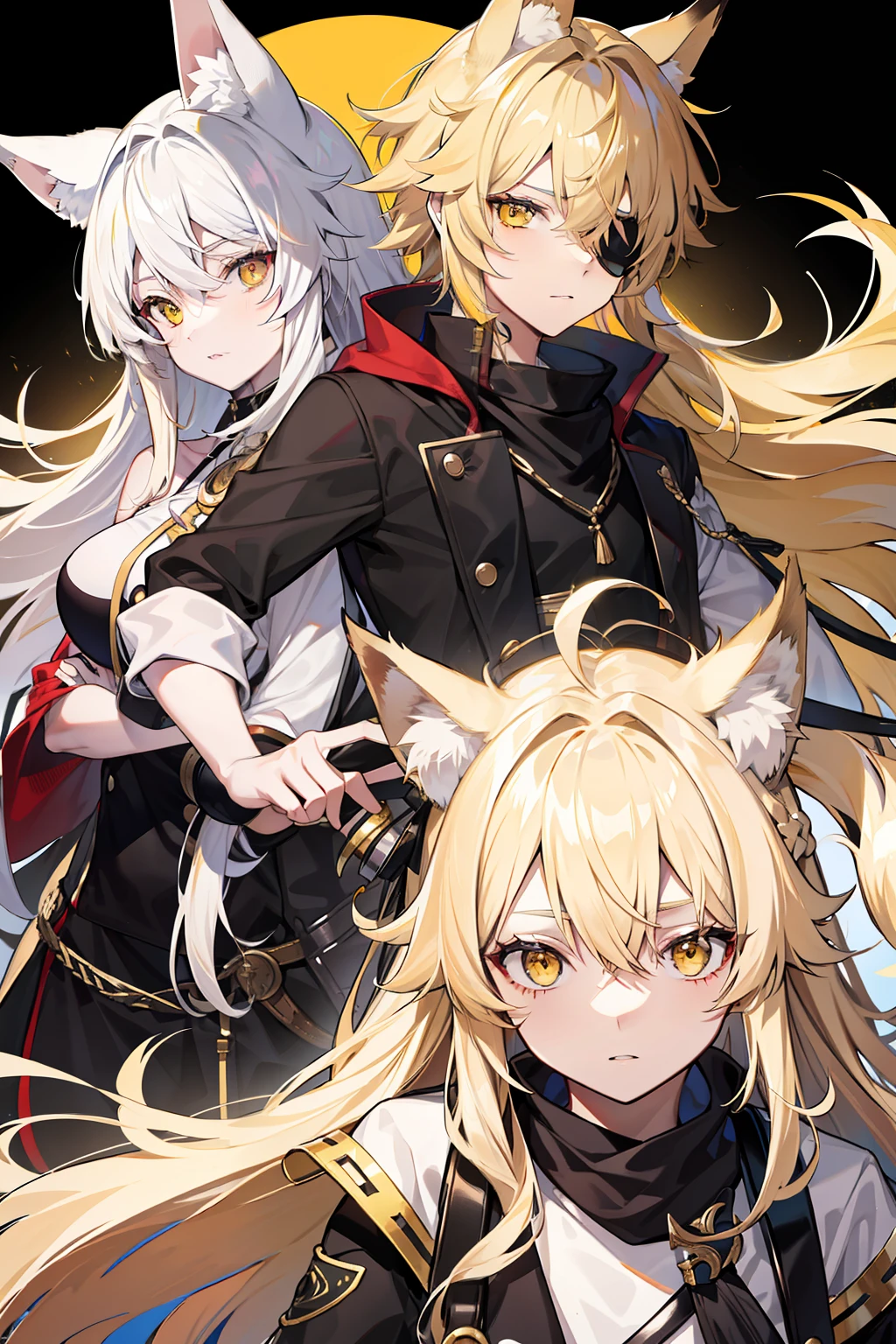 Kizi，Wolf ears，eye patch over left eye，long whitr hair，Brownish-yellow hair