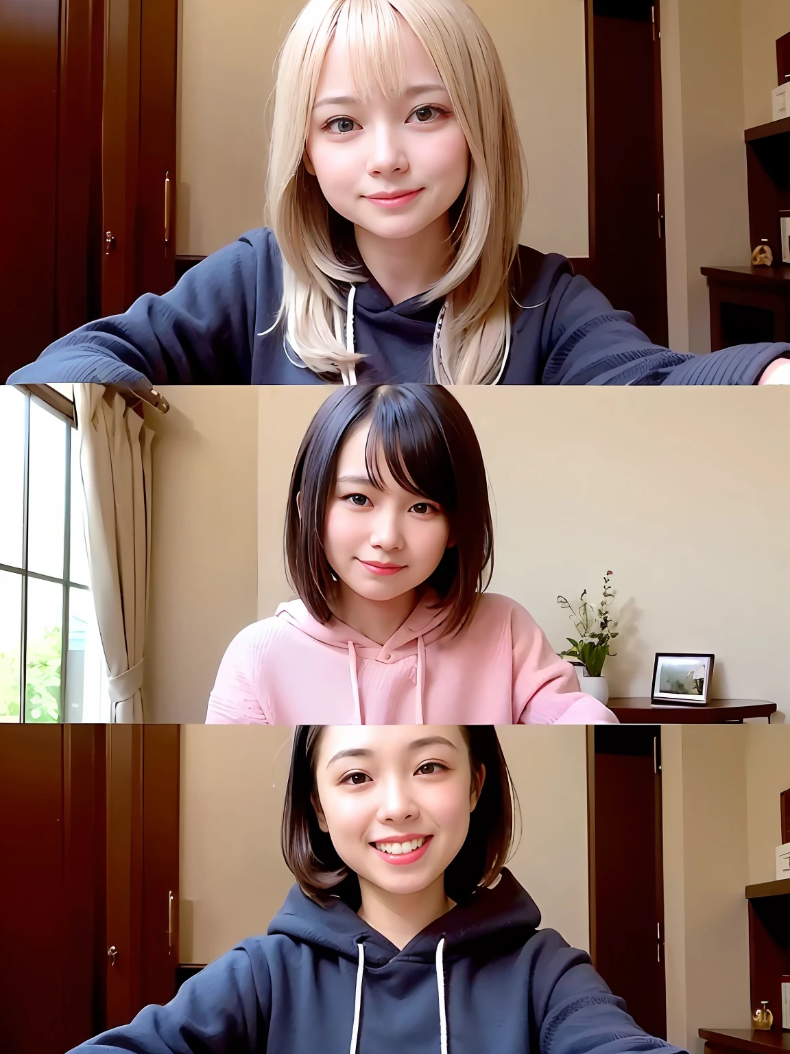 (dynamicposes:1.4)、 (dynamic ungle:1.4)、hyper detailed background、(inside in room:1.2)、((top-quality、8K、masterpiece:1.3))、1girl in、Peace Pose、A smile、full body Esbian、Slim Faces、Pretty women、(Silvery hair:1.1)、hyperdetailed face、A detailed eye、二重まぶた、blured background、Slim Faces、Cute、extremely delicate and beautiful、A mischievous grinning face、Overall、ultra-detailliert、4K、masutepiece、small mouth、(Colossal tits)、(Oversized hoodies、Oversized sweater:1.2)、hime-cut、Small smiling mouth、a small face、tiarra、