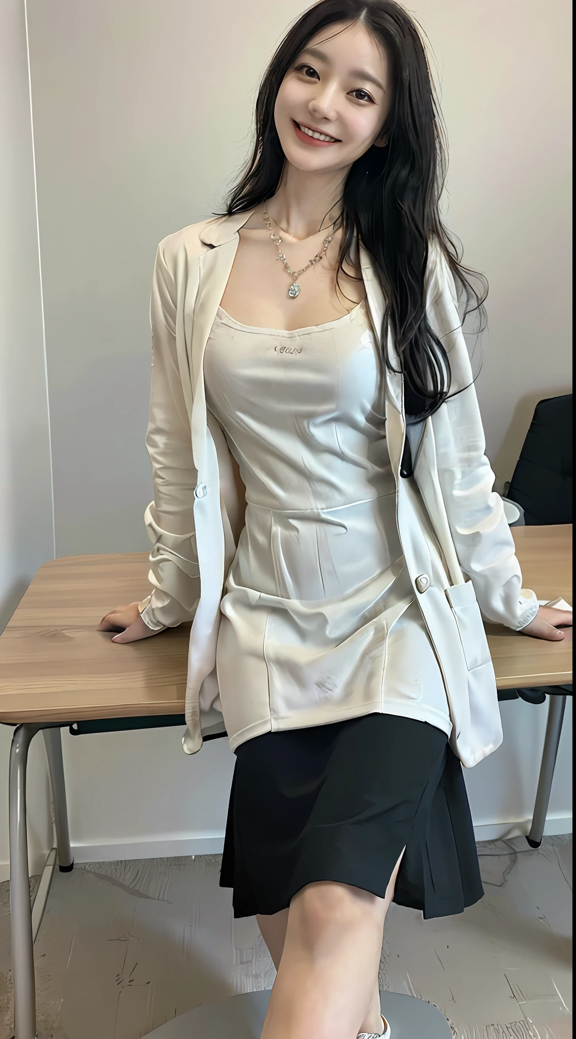 ((top-quality、8K、masterpiece:1.3))、((1womanl))、((A Japanese Lady))、((A MILF))、((45 yers old))、((slim figure))、((Female Ophthalmologist))、((Detailed eye examination room))、((Office Desk))、((Detailed office chair))、((Sitting on an office chair))、((beautifully detailed hair))、((Float NovaFrogStyle))、((Black hair Long hair))、((Extraordinary beauty))、((Beautiful and ultra-detailed face))、((Smiling kindly))、((Detailed lab coat))、((Beautiful and detailed scruff))、((Detailed necklace))、((Beautiful and detailed hands))、((Detailed long skirt))、(( Pulling up a skirt))、((Beautiful and detailed thighs))、((Luxurious and detailed white panties))、((Detailed beautiful legs))、((Beautiful and detailed ankles))、((Detailed anklet))