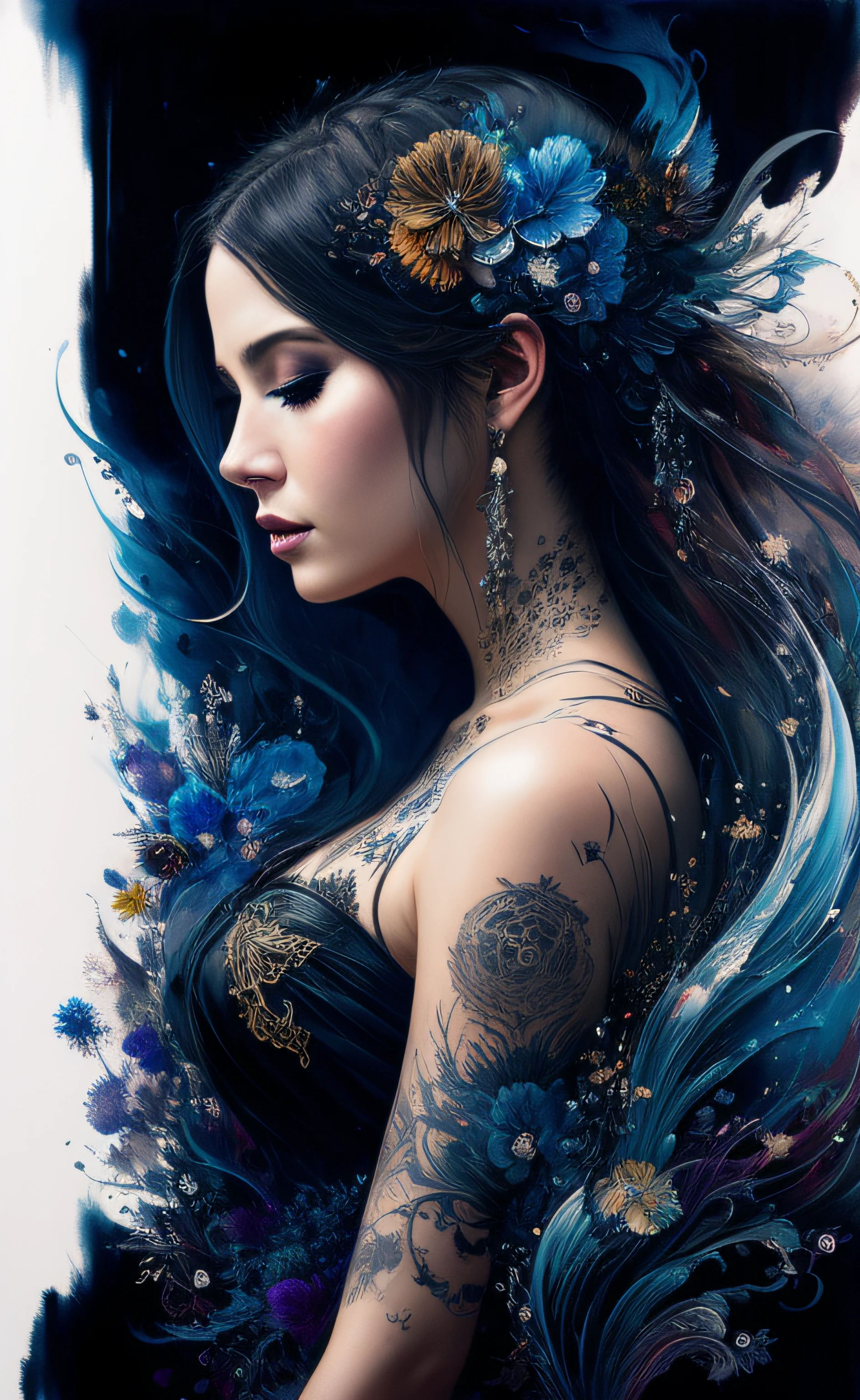 A closeup of a woman with tattoos and flowers on her head, retrato bonito da arte da fantasia, retrato bonito da fantasia, Arte bonita UHD 4K, bela arte digital, lindo arte digital, bela arte de fantasia, linda arte digital linda, retrato da arte da fantasia, stunning digital illustration, exquisite digital illustration, Beautiful digital illustration, arte de fantasia muito bonita, bela arte digital