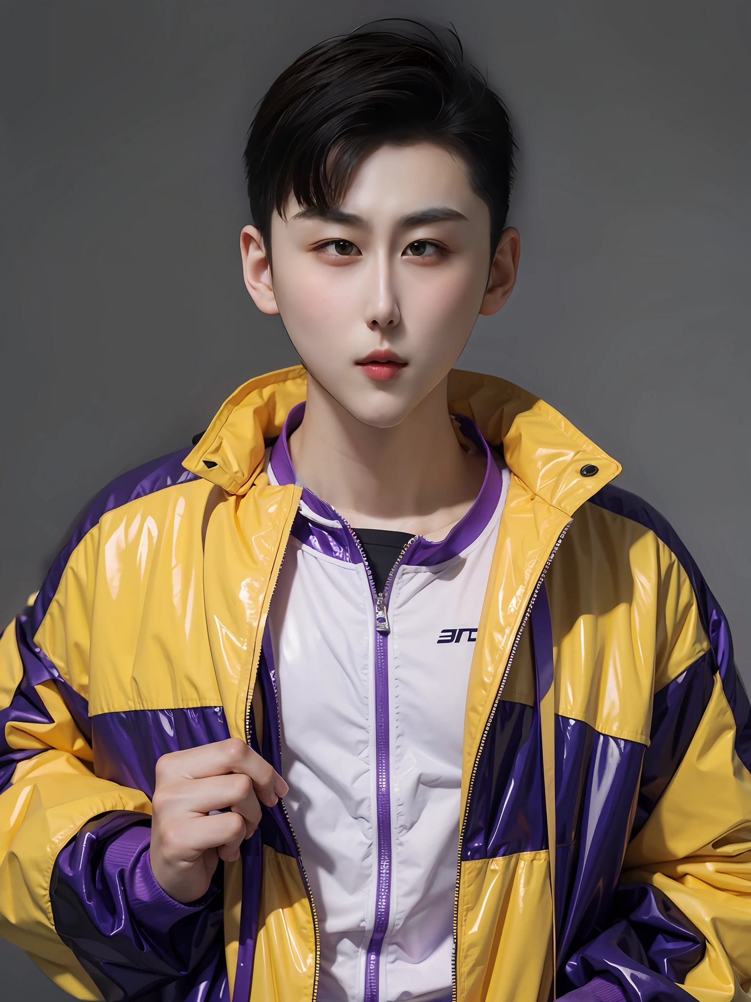 A Chinese male high school student,Wearing PVC purple tracksuits。