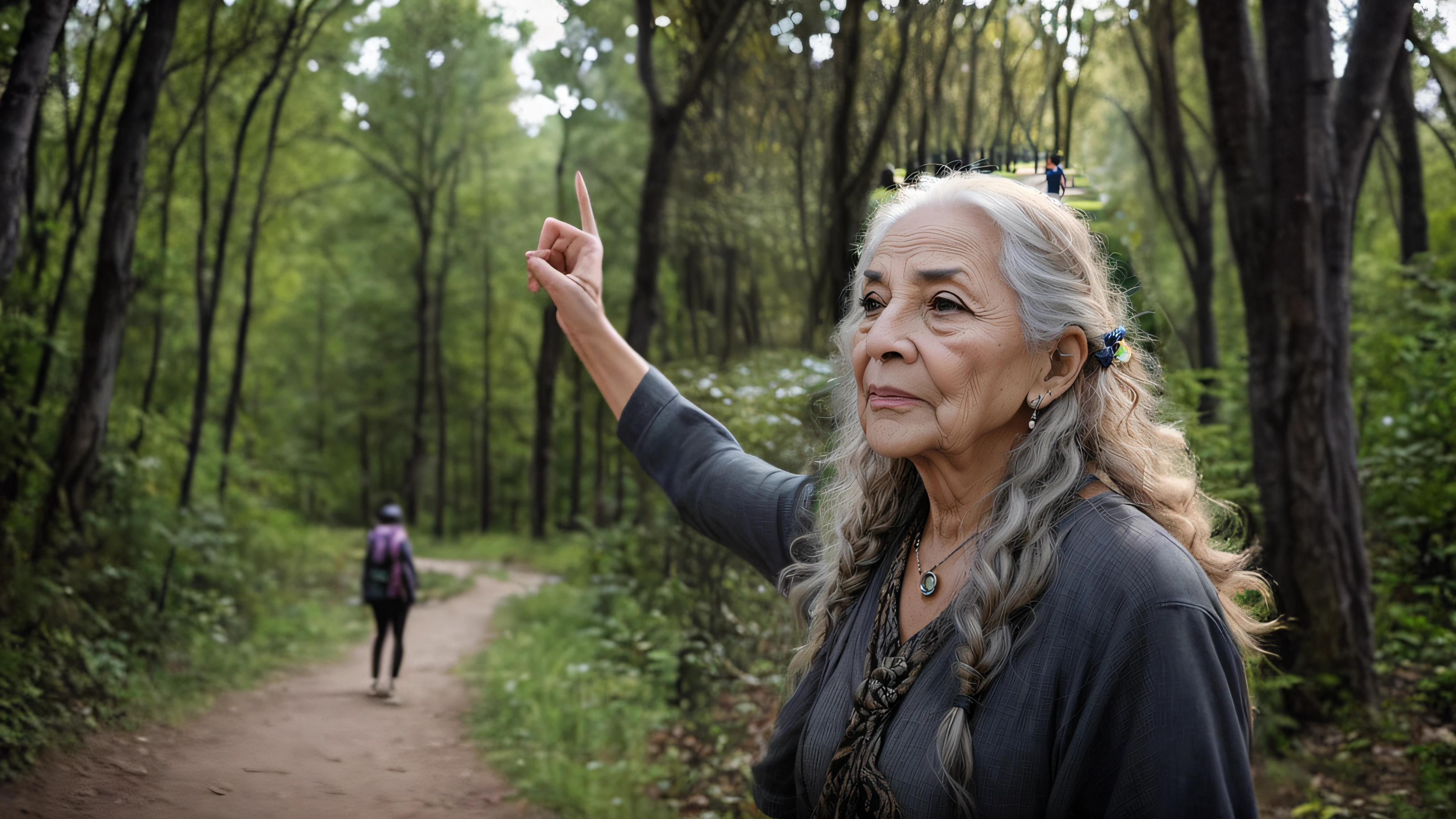 Complete with the woman pointing in the left direction. She's alone in a park with a hiking trail