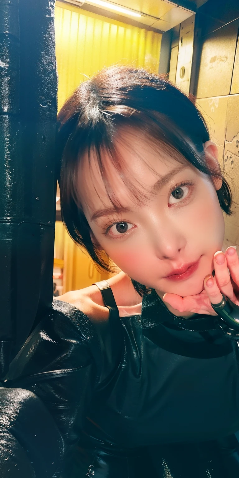 (in prison cell), (shibari), ((arm behind back)), (to wield a whip) ((top quality, 8k, masterpiece: 1.3)), crisp focus: 1.2, beautiful woman with perfect figure: 1.4, slender abs: 1.2, ((layer cut, big: 1.2)), (rain, street: 1.2), wet body: 1.5, highly detailed face and skin texture Detailed Eyes, Very Shorthair, Studio,BDSM,slave,Rubber, Black Corset,Bondage, Whip, big breats