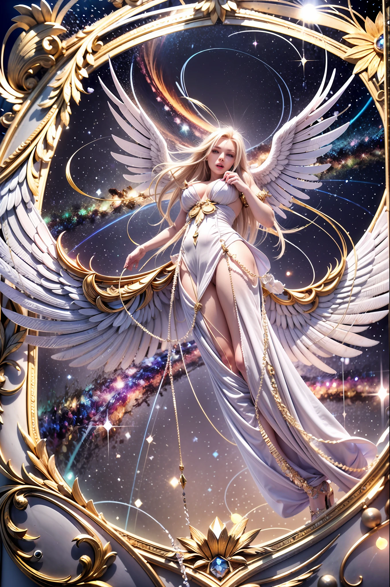 (​masterpiece), (top-quality:1.4), absurderes, [:intricate-detail:0.2], angelicales, Angel wings, milkyway, Skysky, shimmering aura, Intense focus, Crackling energy, mystic symbols, sparkling motes,huge tit