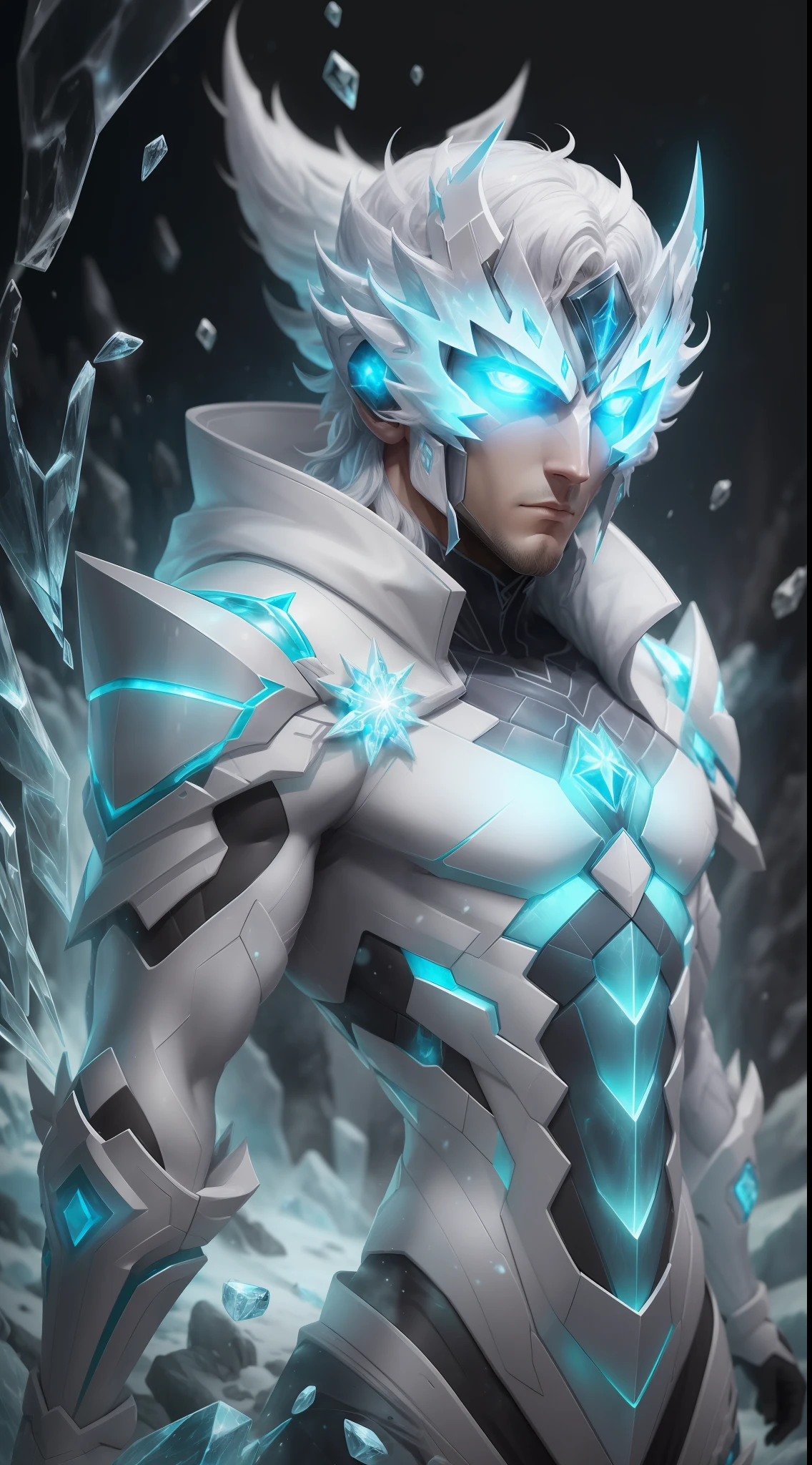 "Criptogélido": Cryptogelid is distinguished by its icy and mysterious appearance. Their pale blue skin is adorned with intricate ice patterns., creando una imagen hipnotizante. Su cabello blanco cristalino y sus ojos del mismo tono le otorgan un aspecto sobrenatural. His suit appears to be made of solid ice, pero sorprendentemente es flexible, permitiendo libertad de movimiento. Their gloves are specially designed to generate and manipulate ice, creando armas, escudos y efectos visuales impresionantes. Puede convocar ventiscas y tormentas de nieve a voluntad. His suit is equipped with advanced technology that allows him to control the temperature around him and adapt to extreme cold environments., making him an ice guardian with unique abilities.(Dark lighting, Spectral illumination, Hetera lighting.